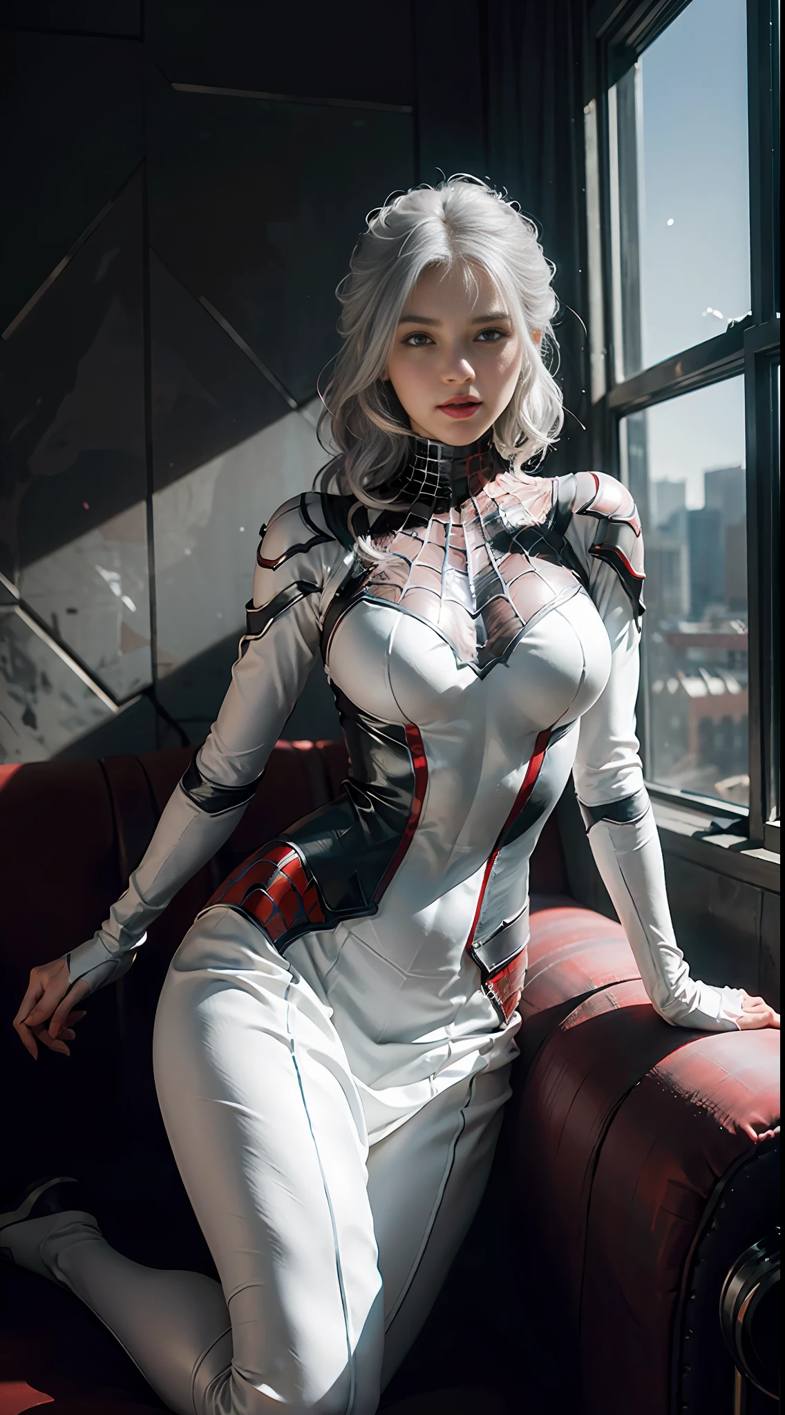 (Extreme Detail CG Unity 8K wallpaper, masterpiece, highest quality), (Exquisite lighting and shadow, highly dramatic picture, Cinematic lens effect), a girl in a white Spider-Man costume, silver gray hair color, from the Spider-Man parallel universe, Wenger, Marvel, Spider-Man, sitting on the couch, dynamic pose), (excellent detail, excellent lighting, wide angle), (excellent rendering, enough to stand out in its class), focus on white Spider-Man costumes, complex spider textures