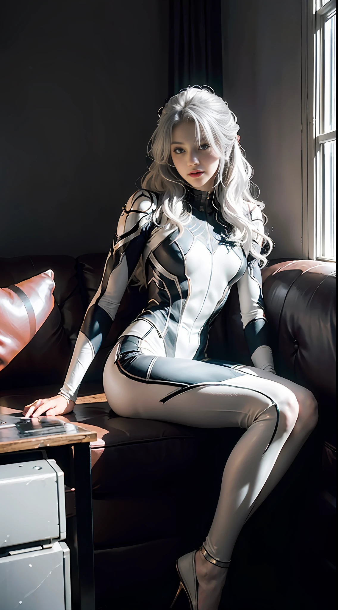 (Extreme Detail CG Unity 8K wallpaper, masterpiece, highest quality), (Exquisite lighting and shadow, highly dramatic picture, Cinematic lens effect), a girl in a white Spider-Man costume, silver gray hair color, from the Spider-Man parallel universe, Wenger, Marvel, Spider-Man, sitting on the couch, dynamic pose), (excellent detail, excellent lighting, wide angle), (excellent rendering, enough to stand out in its class), focus on white Spider-Man costumes, complex spider textures