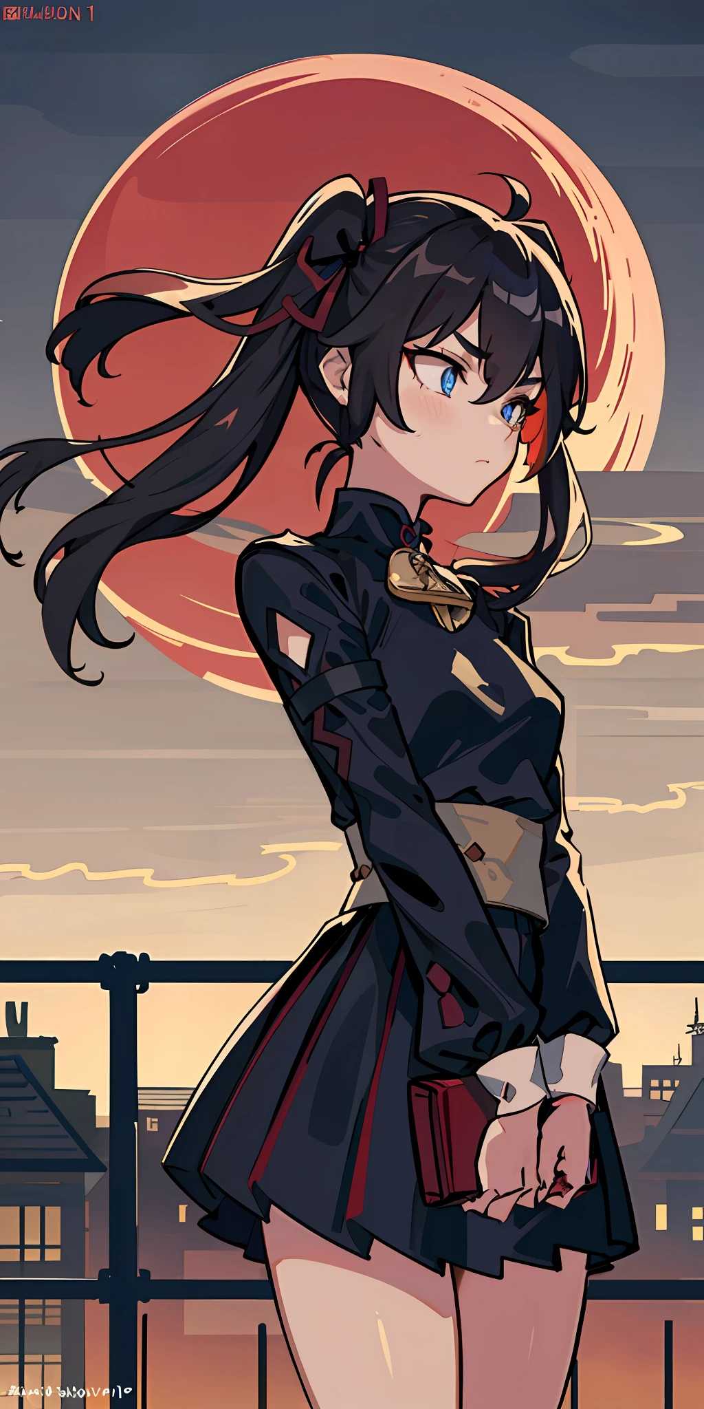 Candid Shot At Girl Picture, Volumetric Lighting, Best Shadows, Shallow Depth of Field, Portrait Of ganyu \(genshin impact\), Delicate Beautiful Attractive Face With Alluring Sharp Blue Eyes, Sharp Eyebrows, Enjoying The Scenery, Closed Mouth, Lovely Medium Breasts, Layered Long Black Two-Side Up Hair, Windswept Hair, Hair Ribbon, Blush Eyeshadow, Thick Eyelashes, Cross On The Red Turtleneck Shirt, Long Sleeve, Slim Waist, Black Short Pleated Skirt, Thigh Gap, Black Thigh-High Stockings, Red Sky At Night, Clouds, School Rooftop, Under Red Moon, Rooftop Guardrails, Villagescape, Facing Away, Side View of Leaning On Railing, Shoulder Blades, (Highest Quality, Amazing Details:1.25), (Solo:1.3), Brilliant Colorful Paintings