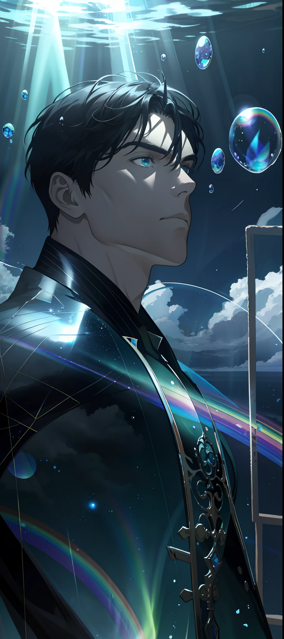 masterpiece, best quality, 1 male, adult, mature, tall muscular guy, Dark theme, Magic circle, bubble, rainbow Sunlight, Underwater, Reflected mirror, floating piece of Glass, Rainbow light, Bubble Swirling, wind Swirling, Aurora, fantasy scenery, Starlight around the character, (upper body)