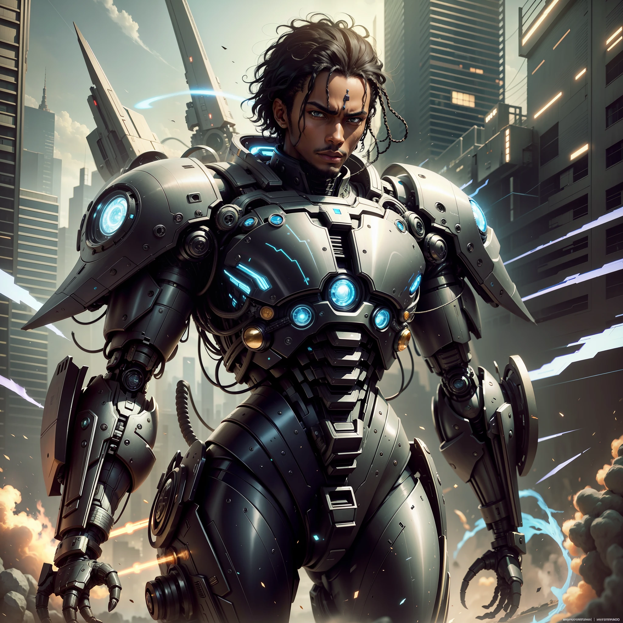 black hair, black skin, young man, Mecha, ninja, warrior, future city, Surrealism, 8k, super detail --auto --s2