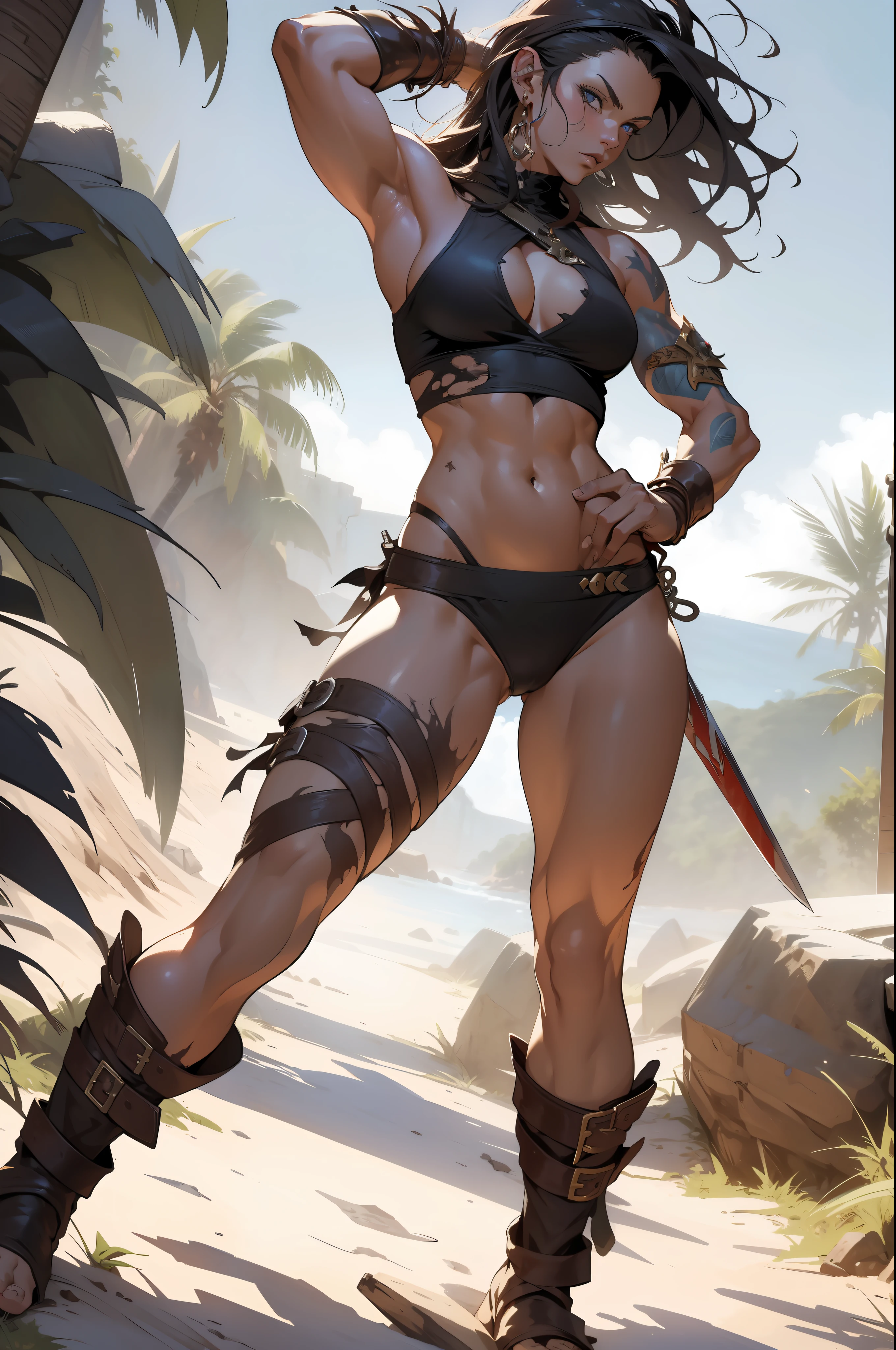 ((Simon Bisley)), Beautiful full-body woman, 30 years old, muscular and perfect body, barbarian warrior with little clothing, tiny thong, large breasts, generous neckline, holding a bloodstained sword, brave face, dark kingdom, sexy pose, walking on a pirate beach