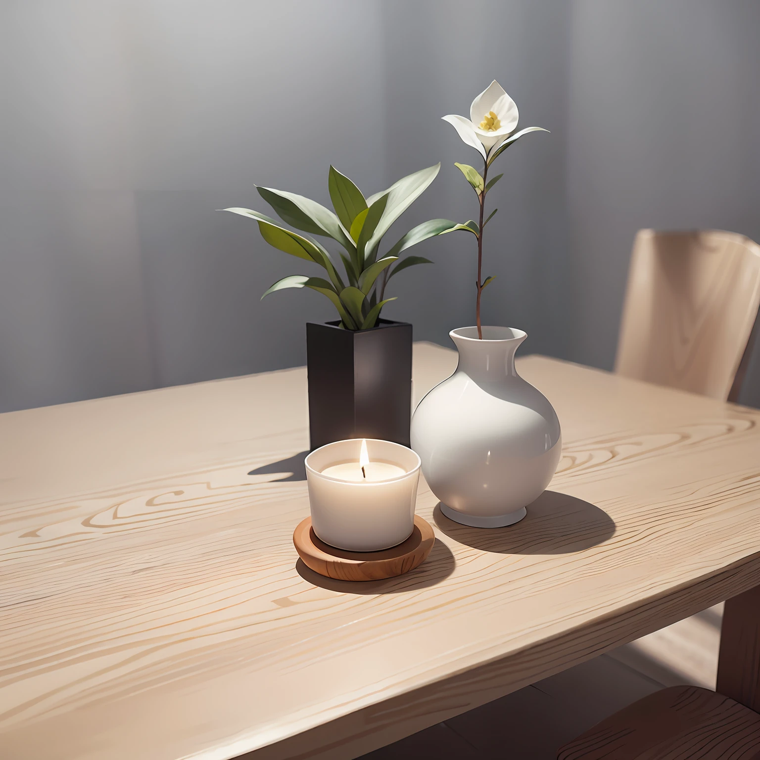 Aromatic candle, table, white plant vase, photorealistic, minimalist