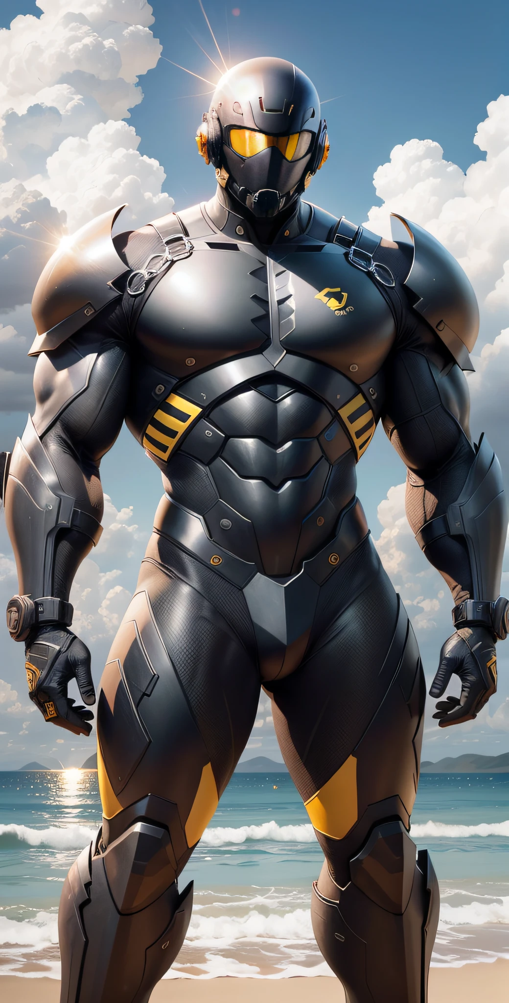 Man in yellow and black clothes standing on the sunny beach, muscular man, American round inch, Buzz cut, muscular! Wearing black sunglasses, mechanical mask, round head Buzz Cut, stealth suit, symmetrical pattern texture design, best picture quality and resolution, character design special forces, black military boots, attractive strong men and armor, weaving sunlight shining through the clouds on the body, Li Xiaoxiao