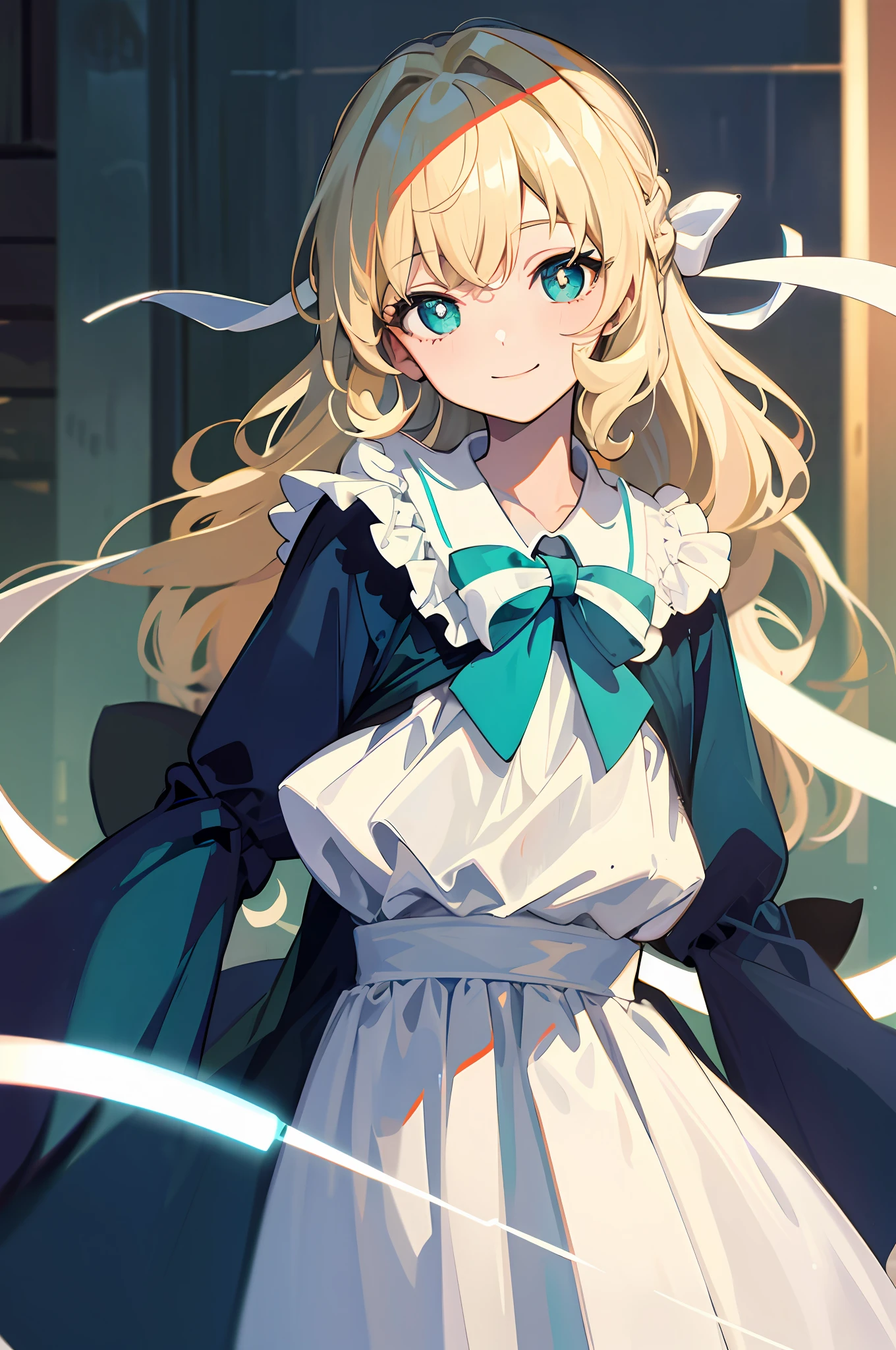 (Masterpiece, best quality), smile, light blonde hair, white bow, blue-green pupils, clear picture quality, single, slightly curly medium, girl, no knotted hair