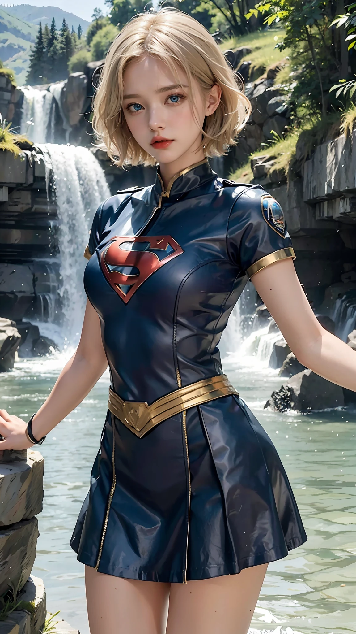 best quality, masterpiece, 8k, super girl(DC COMICS),1 girl, 21 years old, blue eyes, short blonde hair, ,super girl uniform (tubedress), waterfall, lake,