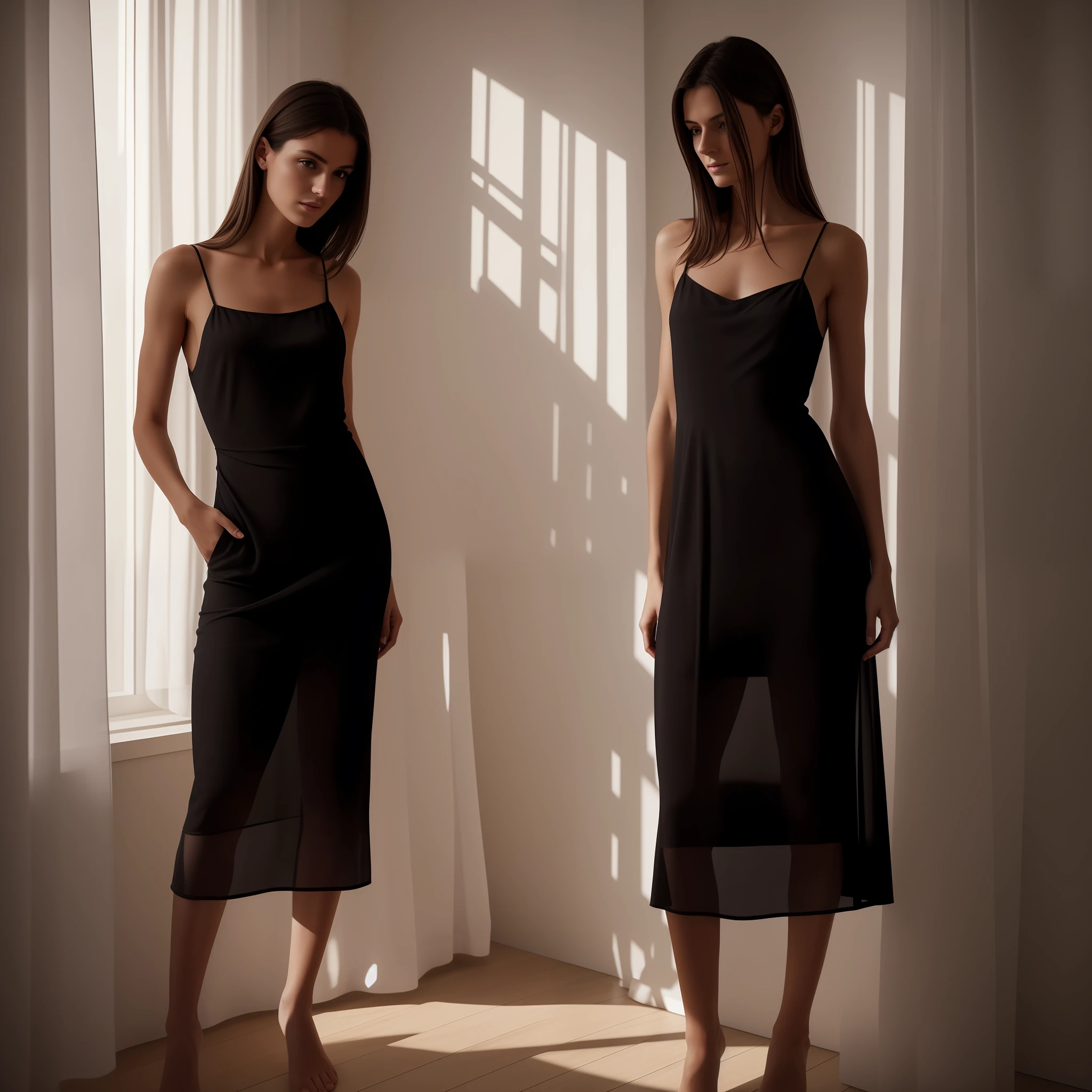 Amateur erotic photo of a beautiful young French brunette woman of 30 years, standing, squared cut, with a small pointed nose, a very small chest in drooping washcloth with very long, black eyes, under a thin transparent cotton dress, in her room, hyper realistic contemporary photo with techniques of rendering light and advanced perspectives, rendering inspired by the greatest photographers for 8K rendering