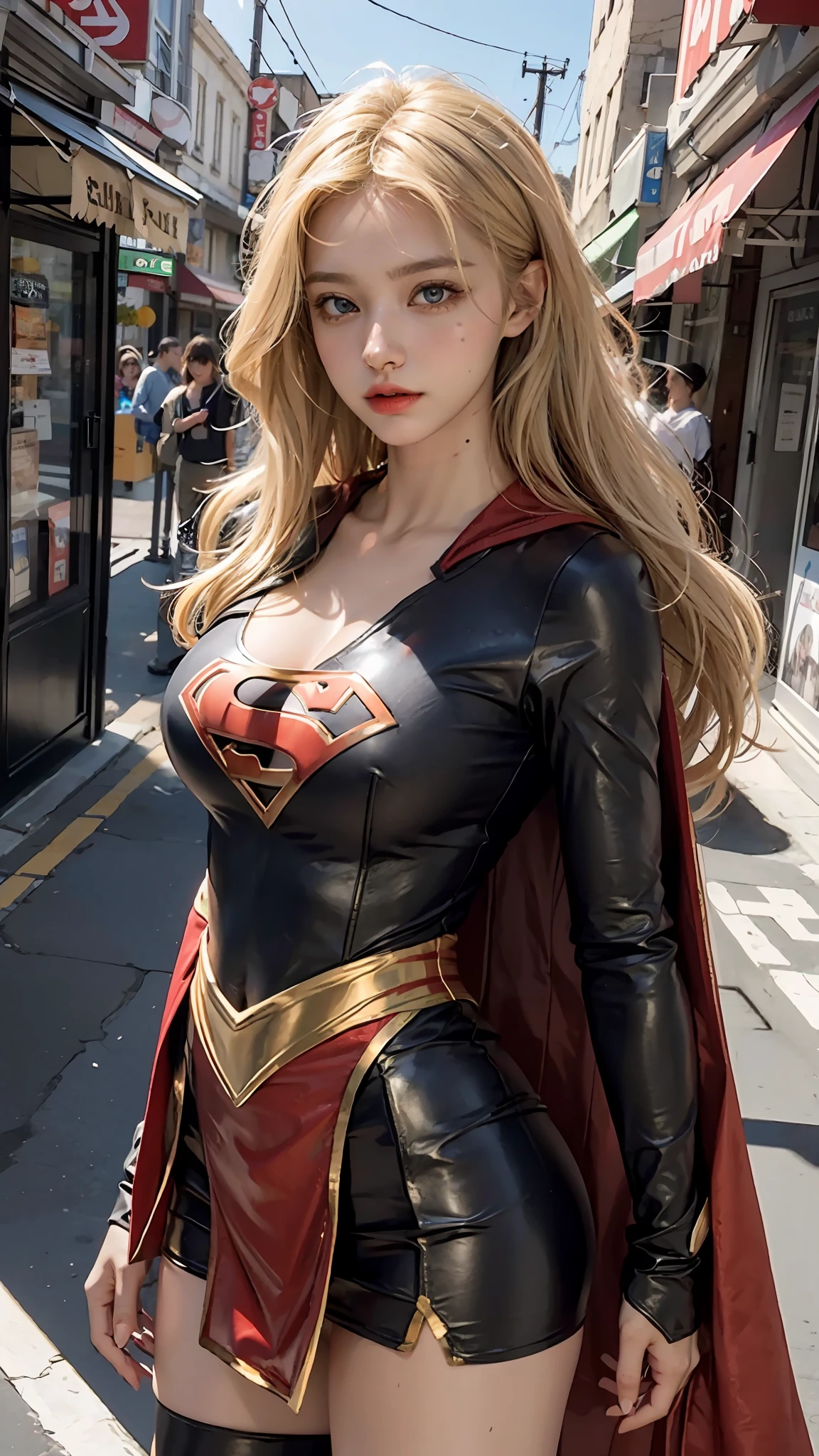 Woman defined body,blonde hair,21 years old,big breasts,Supergirl costume dress