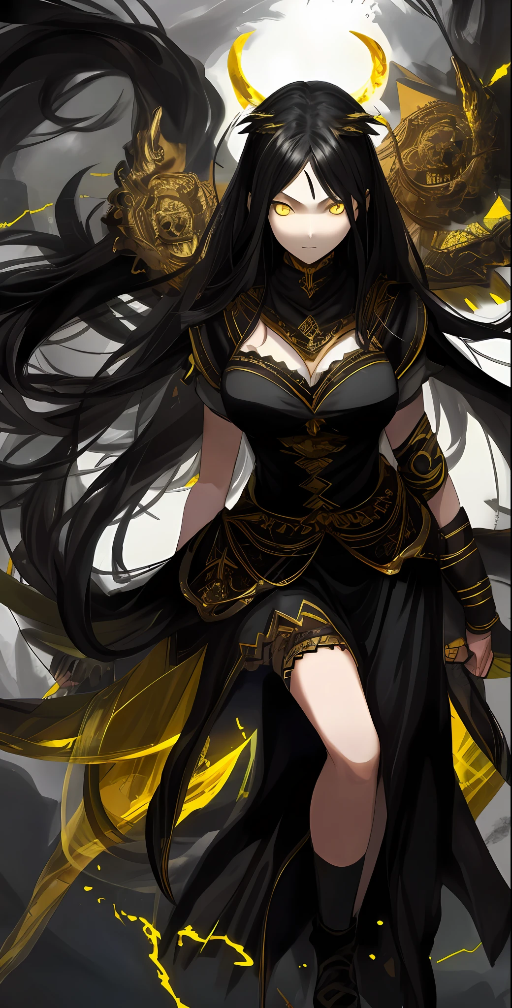 Yellow eyes, black hair, large breasts, full body, 2girls, medium breasts, from above, void background, warrior