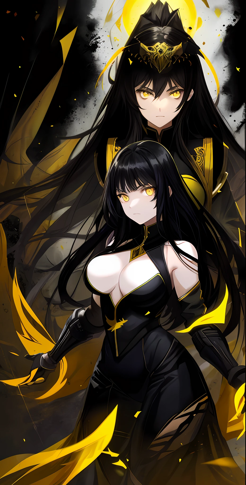 Yellow eyes, black hair, large , full body, 2girls, medium breastsabove, void background, warrior