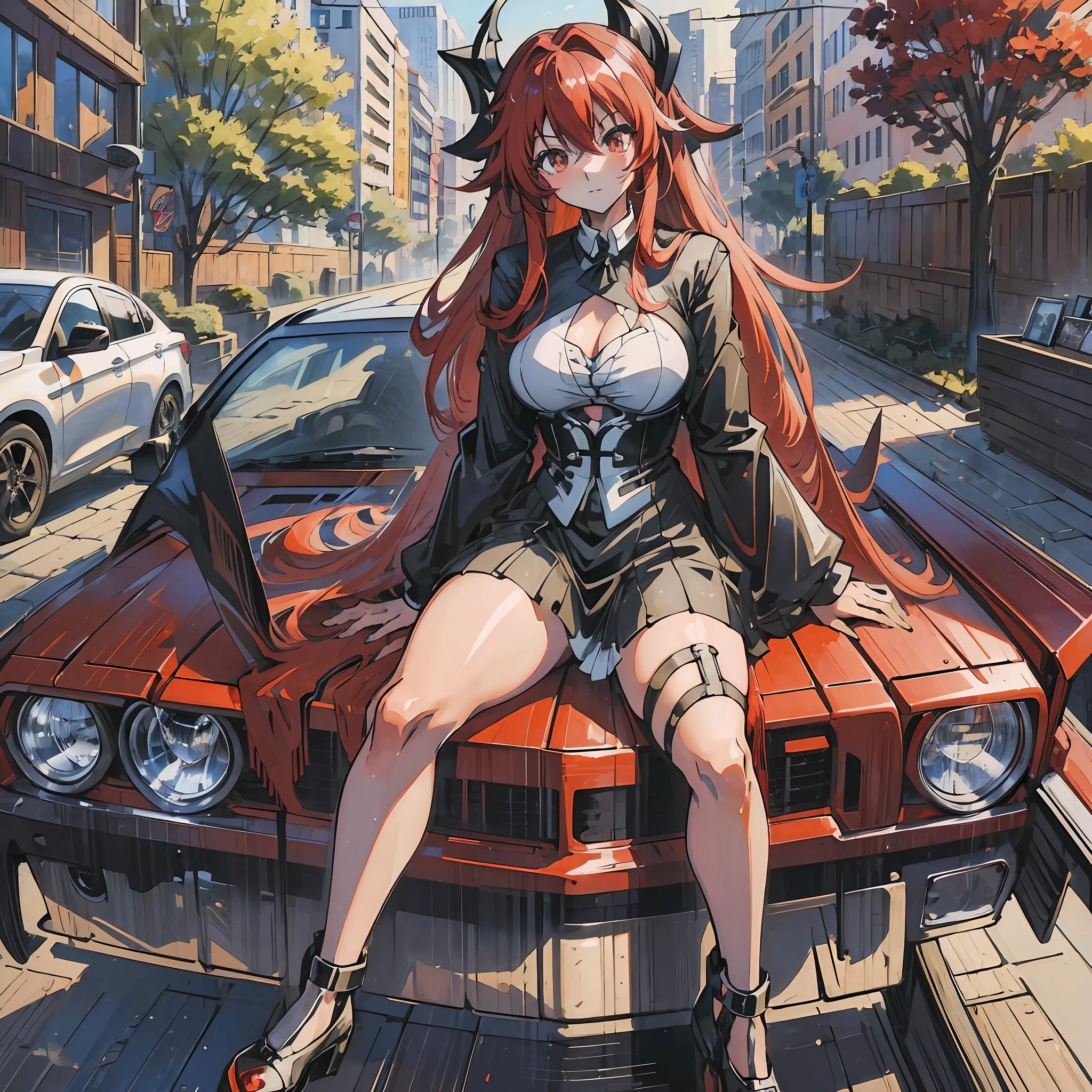 (Rias Gremory:1.3) sitting on the hood of a black Chevrolet Impala 67 [(high quality:1.2),(high quality:1.2)], [(light dynamics:1.3),(vibrant colors:1.2)], [(serious expression:1.2) laughs Gremory beautiful girl longs hair red --auto --s2