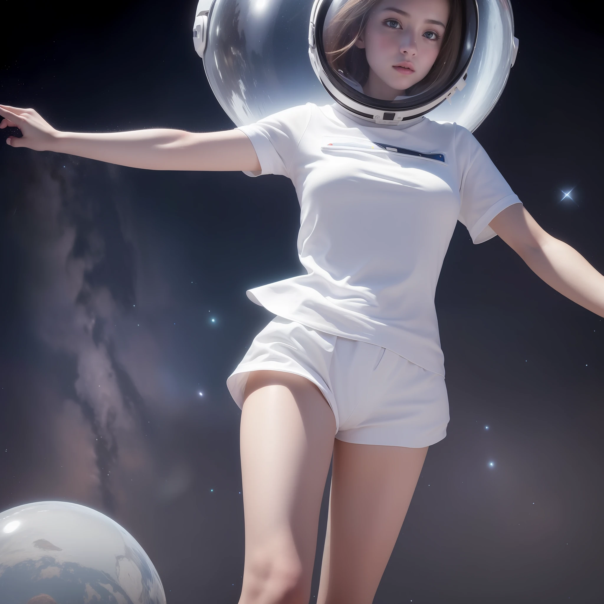 (8k, RAW photo, best quality, masterpiece:1.2), (realistic, photo-realistic:1.37), (1girl, in the air), full body, deep depth of space, universe background, Mysterious planet,(white shirt, white shorts),1 planet,((Astronaut helmet,reflective)),