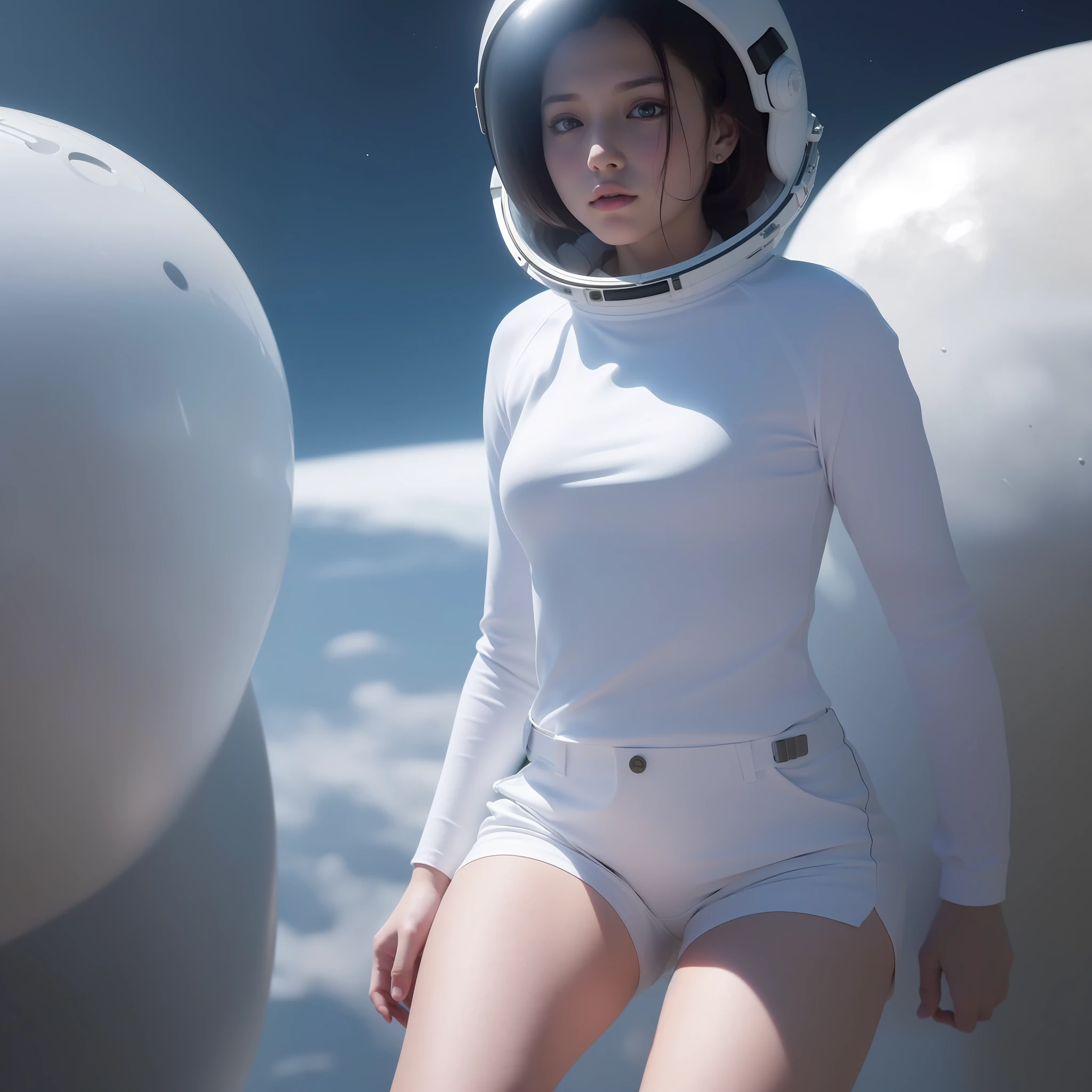 (8k, RAW photo, best quality, masterpiece:1.2), (realistic, photo-realistic:1.37), (1girl, in the air), full body, deep depth of space, universe background, Mysterious planet,(white shirt, white shorts),1 planet,((Astronaut helmet,reflective)),