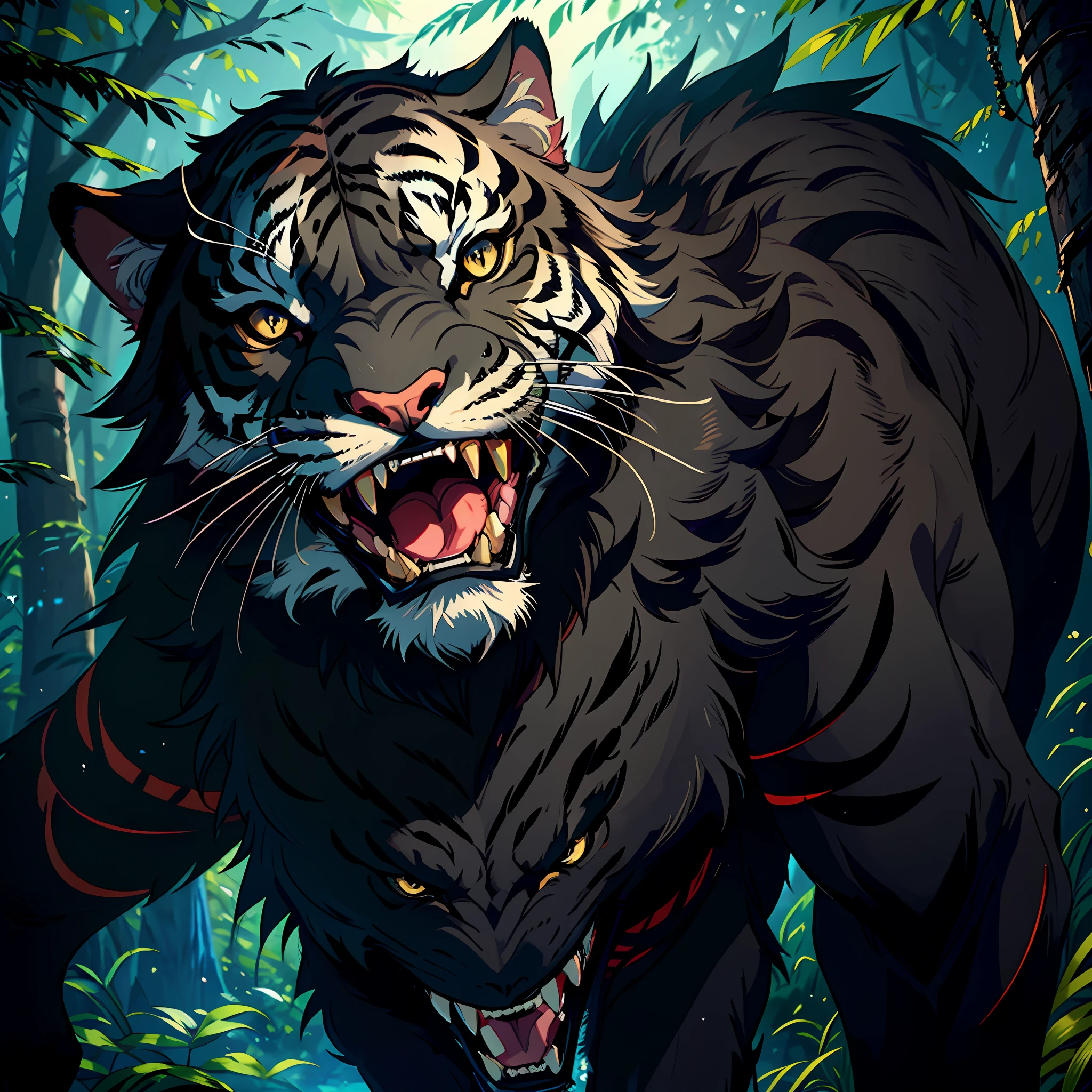 A black adult tiger king, open his mouth, show his fangs, mighty and domineering, forest, full body photo, (with full black fur and delicate fur),