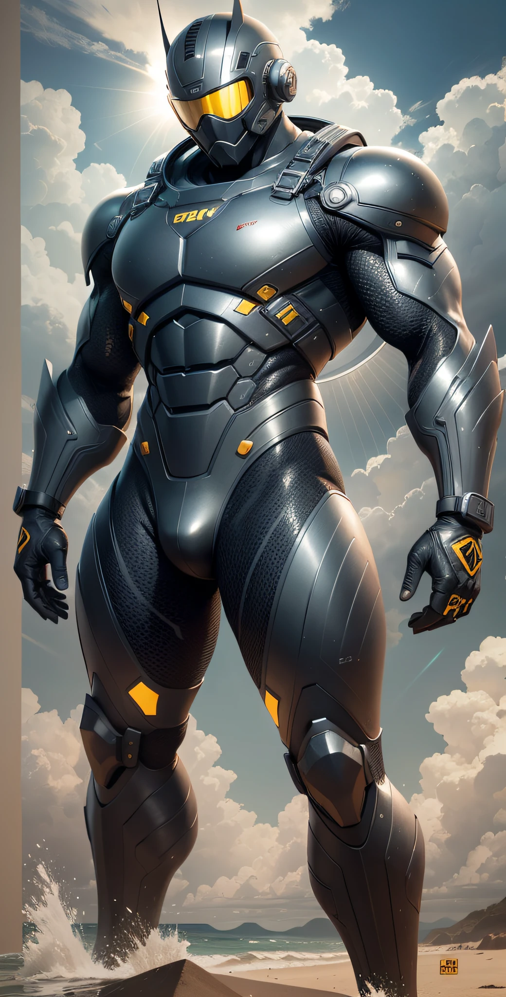 Man in yellow and black clothes standing on the sunny beach, muscular man, American round inch, Buzz cut, muscular! Wearing black sunglasses, mechanical mask, round head Buzz Cut, stealth suit, symmetrical pattern texture design, best picture quality and resolution, character design special forces, black military boots, attractive strong men and armor, weaving sunlight shining through the clouds on the body, Li Xiaoxiao