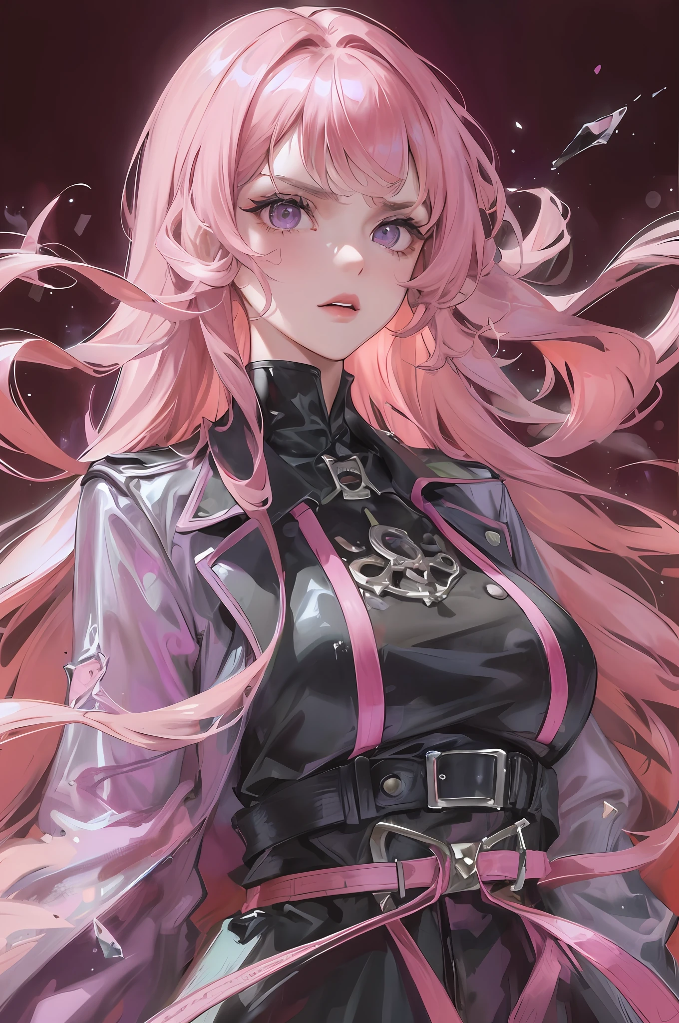 (highest resolution, distinct_image) best quality, feminine masterpiece, high detail, semi-realistic, (most body), long pink hair, bangs, 18 years old, young, black fit, pink-purple flight suit, stand up collar shirt, pointed face, (tan eyes, hair between the eyebrows), fluorescent long coat (broken glass), (pure white background), cold, serious, authoritative, powerful, (standing painting), (delicate facial features, exquisite facial features)