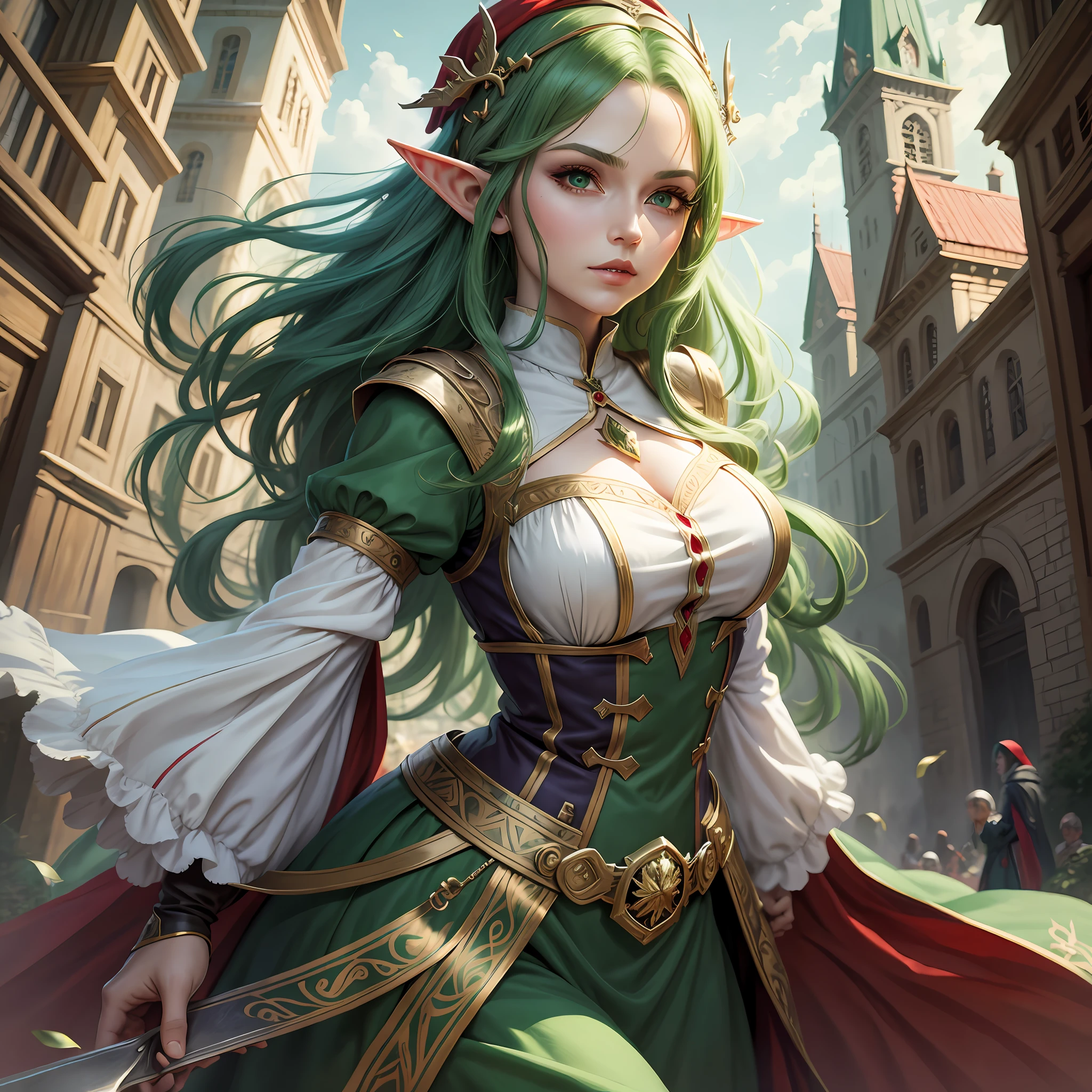 Elf, woman, medieval clothes, dynamic pose, green hair, red eyes, long clothes
