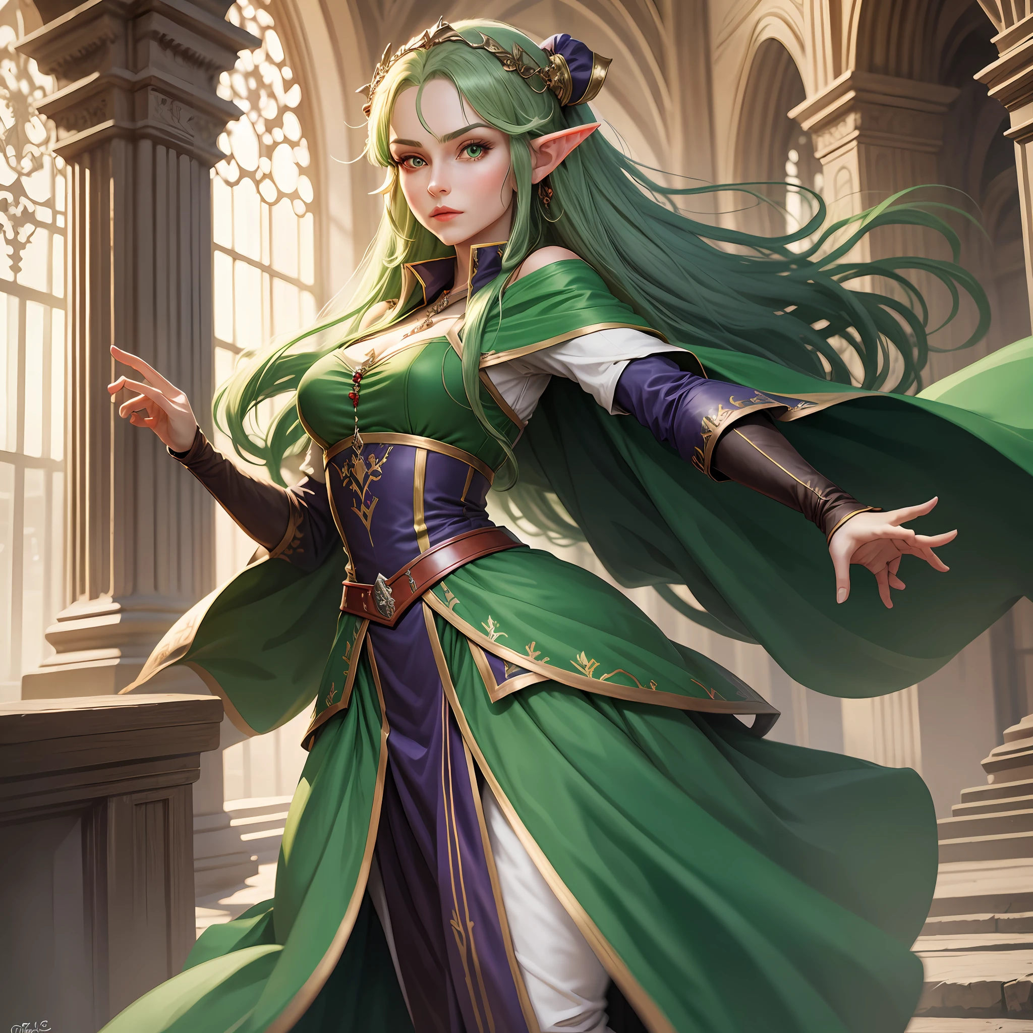 Elf, woman, medieval clothes, dynamic pose, green hair, red eyes, long clothes