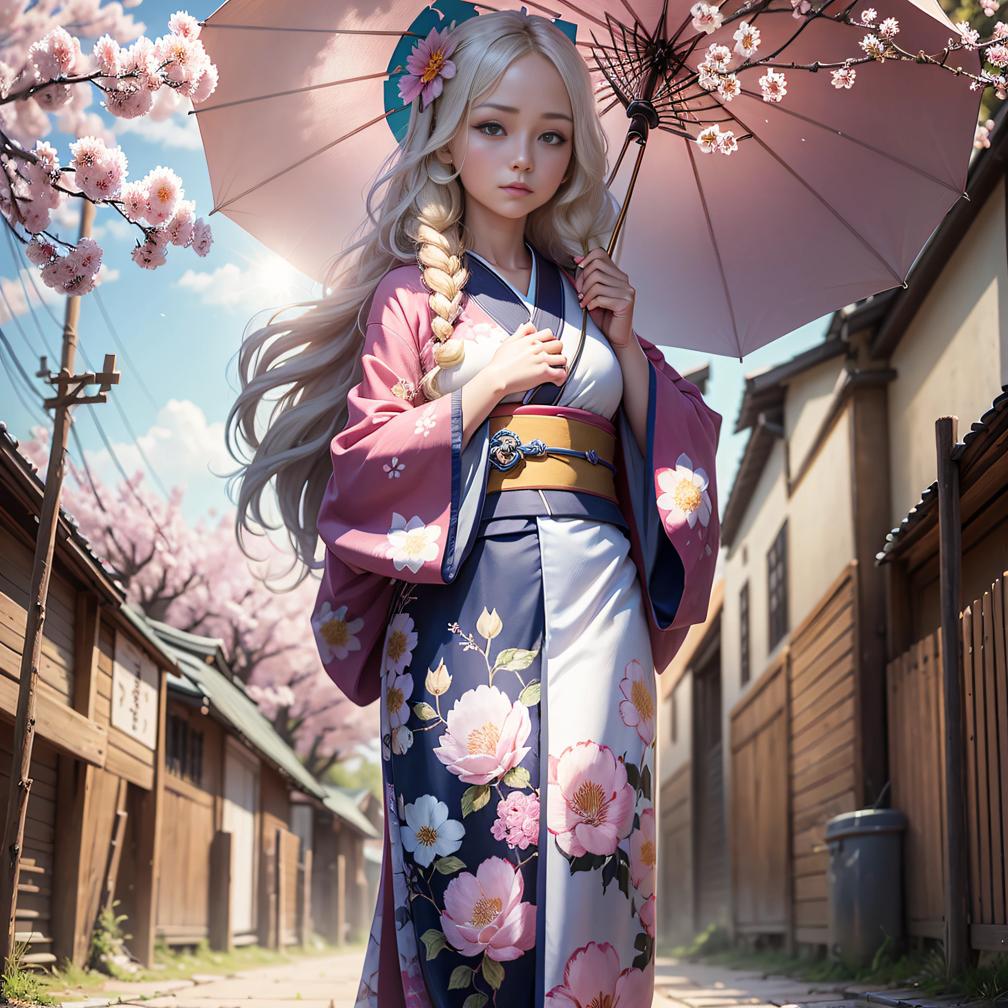 полное тело,full shot,sfw,a beautiful Russian girl with large bright blue eyes of the Nordic type with a perfect graceful figure and very long and fluffy wavy hair of wheat color stands against the background of blooming Japanese pink cherry blossoms in a Japanese kimono and Japanese shoes, the girl's kimono is transparent, a small breast with protruding shines through it, the girl has a white umbrella from the sun in her hands, the scene is highly artistic, High Detail, Clear Focus, Migjorni V5 Style, Hyper Photorealism, Perfect Proportions, Golden Ratio, Leonardo Davinci Artist Style, Photographer Jerry Gionis Style, Back Light, Outline, Sun Rays, Front Light Fill Soft, Soft Focus, Photo Monocle Style.