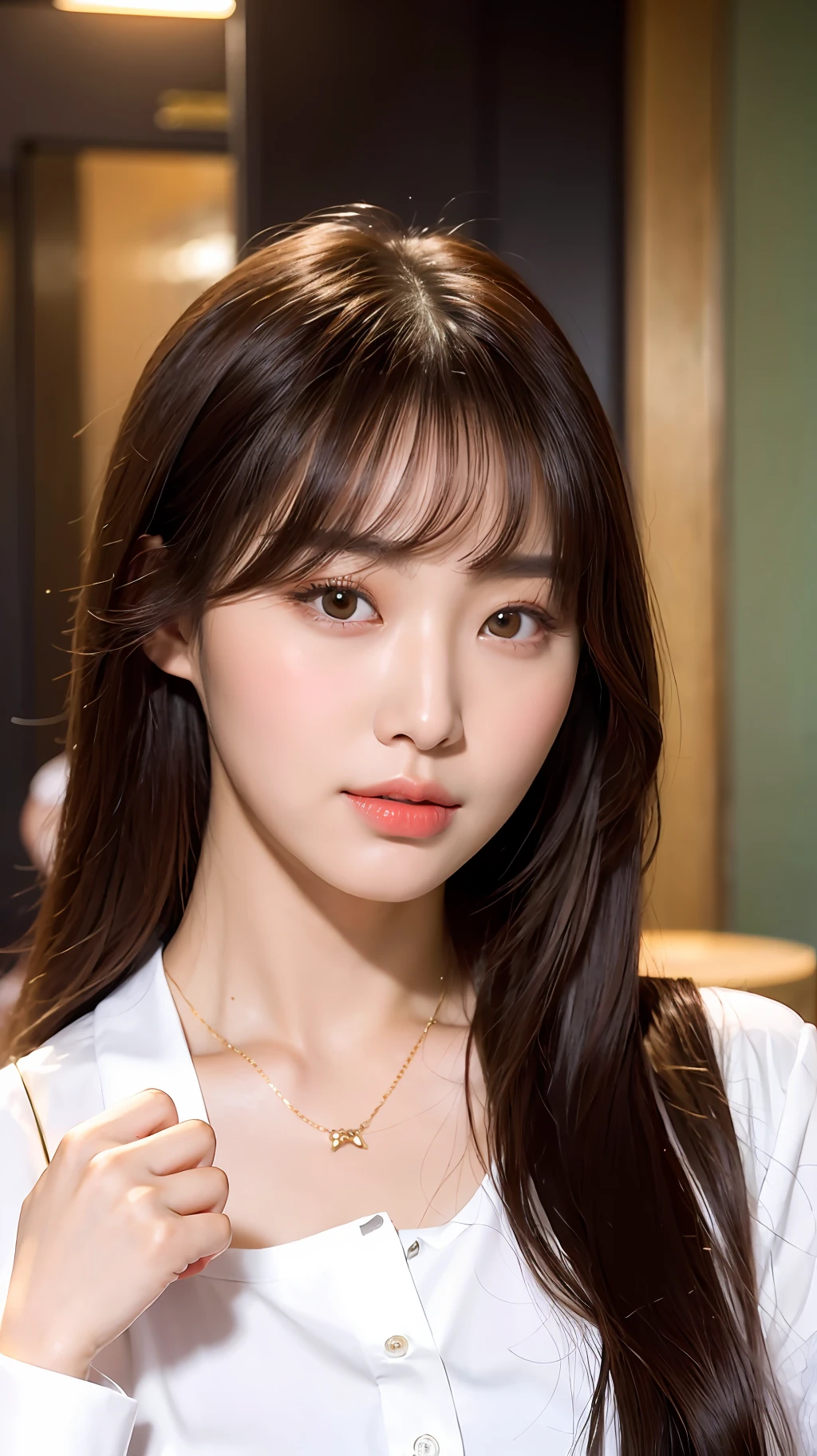 a close up of a woman with long hair wearing a white shirt, beautiful south korean woman, beautiful young korean woman, gorgeous young korean woman, young adorable korean face, korean girl, portrait of female korean idol, korean face features, ulzzang, popular south korean makeup, south east asian with round face, popular korean makeup, korean symmetrical face