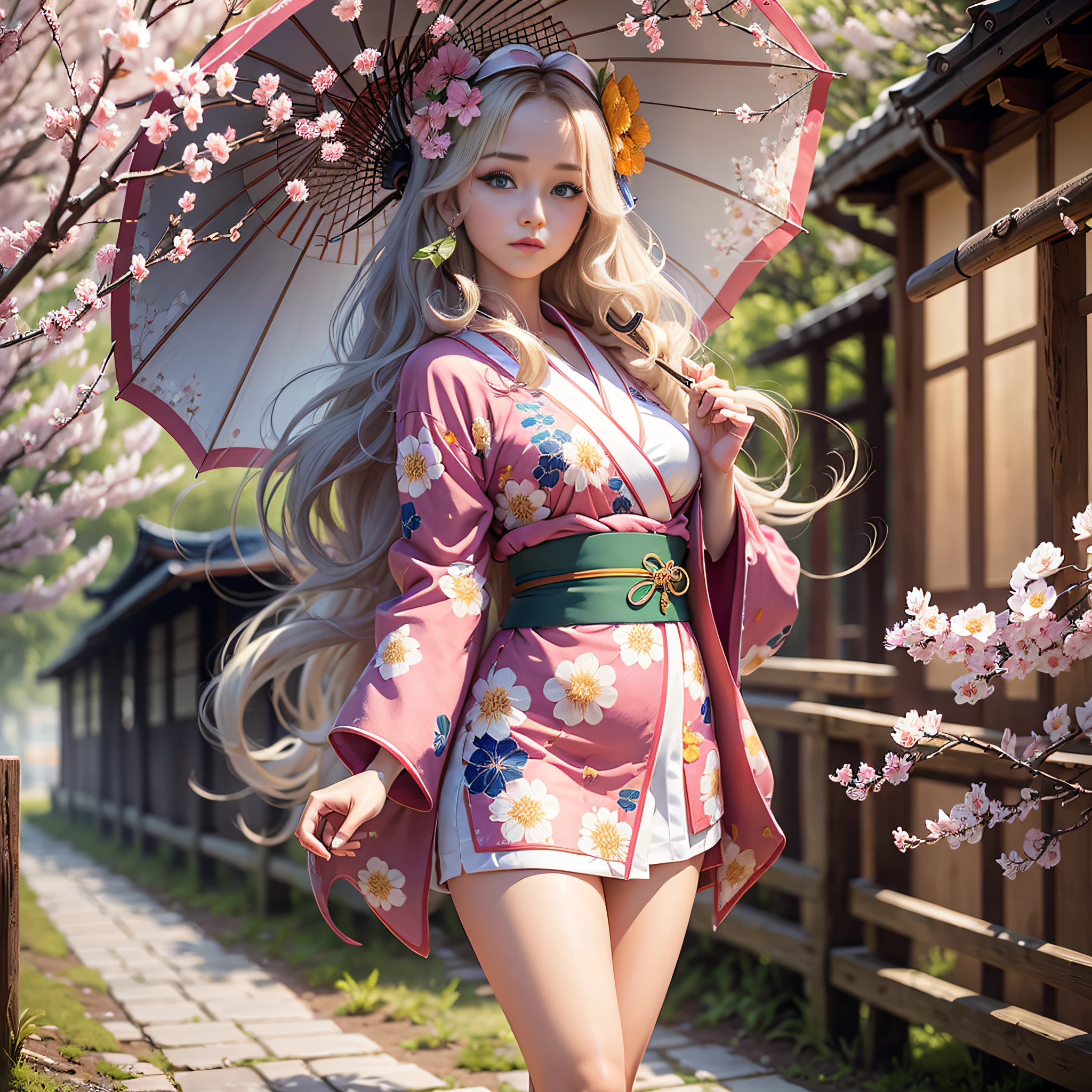 полное тело,full shot,sfw,a beautiful Russian girl with large bright blue eyes of the Nordic type with a perfect graceful figure and very long and fluffy wavy hair of wheat color stands against the background of blooming Japanese pink cherry blossoms in a Japanese kimono and Japanese shoes, the girl's kimono is transparent, a small breast with protruding shines through it, the girl has a white umbrella from the sun in her hands, the scene is highly artistic,  High Detail, Clear Focus, Migjorni V5 Style, Hyper Photorealism, Perfect Proportions, Golden Ratio, Leonardo Davinci Artist Style, Photographer Jerry Gionis Style, Back Light, Outline, Sun Rays, Front Light Fill Soft, Soft Focus, Photo Monocle Style.