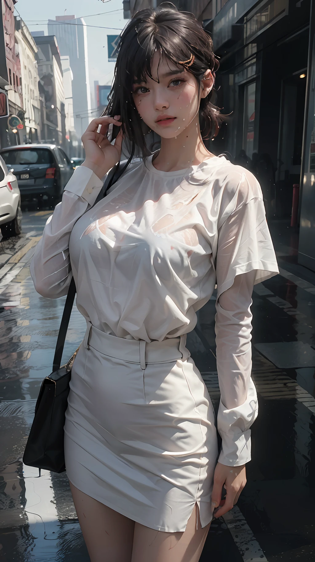 best quality, masterpiece, super high resolution, (fidelity: 1.4), photo, 1 pretty girl, white skin, extra large breasts, white shirt, movie, (wet clothes, real rain, wet hair.)