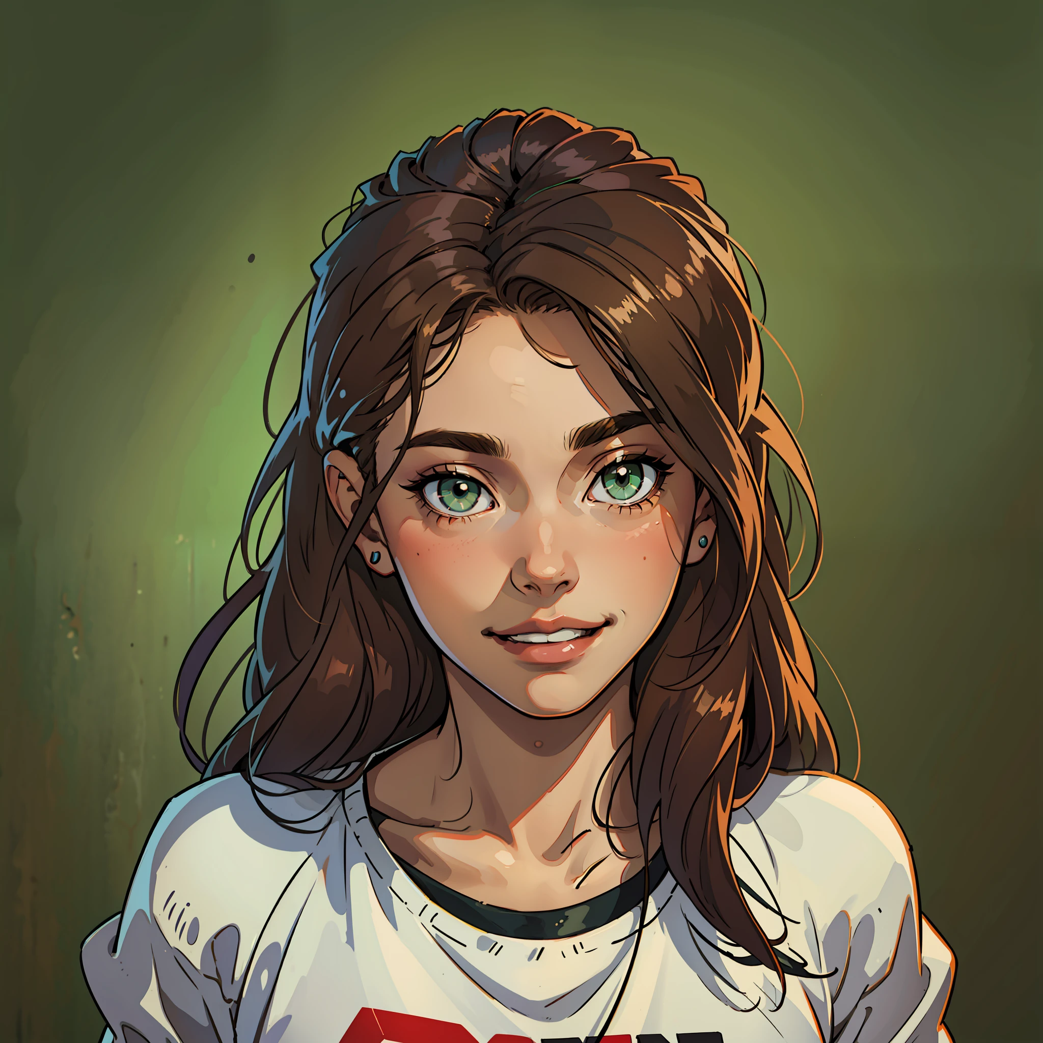 30 years old man looking like a woman. Casual wears. Hazel green eyes. Dark brown hair. Minimal background. Smiling, provocative. Realistic anime style. --auto --s2