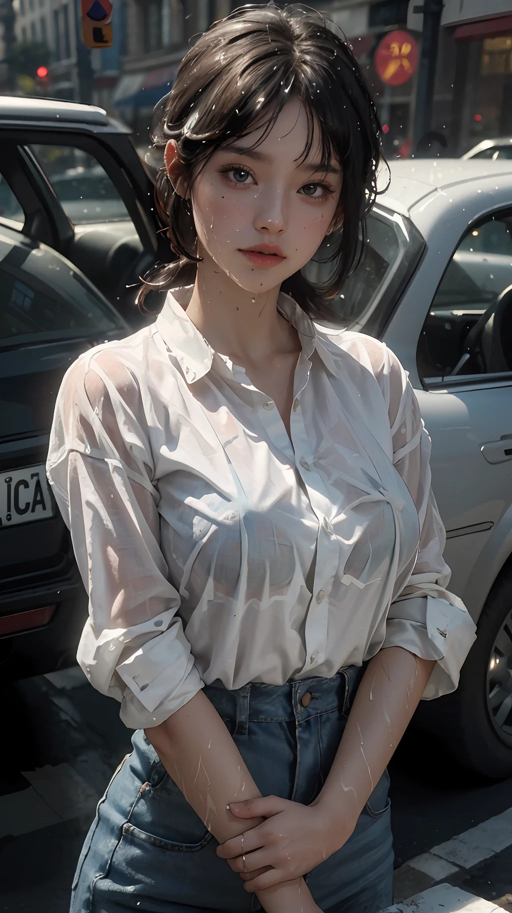 best quality, masterpiece, super high resolution, (fidelity: 1.4), photo, 1 pretty girl, white skin, extra large breasts, white shirt, movie, (wet clothes, real rain, wet hair.)