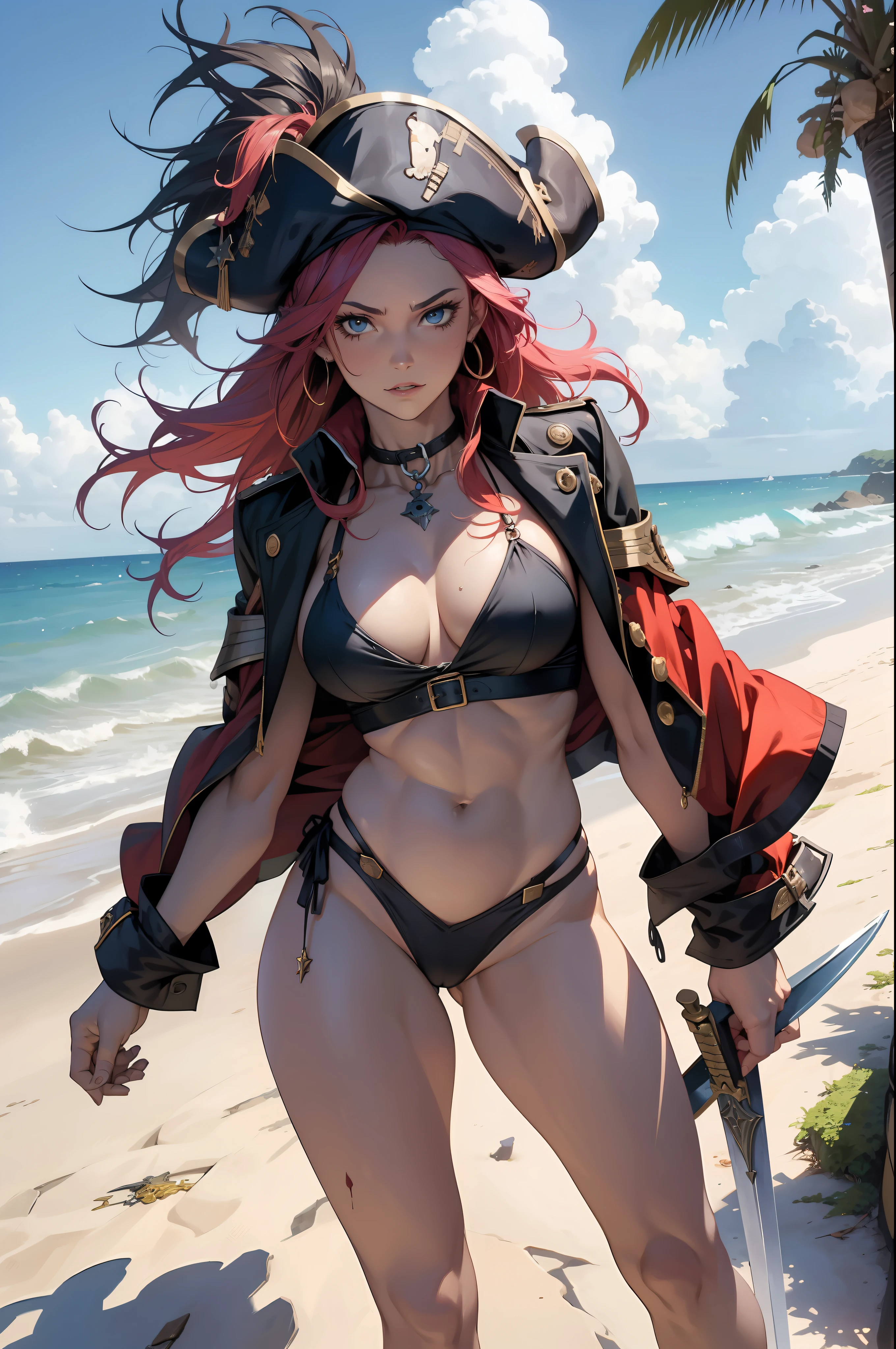 ((Simon Bisley)), Beautiful full-bodied woman, 30 years old, muscular and perfect body, pirate with little clothes, tiny thong, large breasts, generous neckline, holding a curved sword stained with blood, brave face, dark kingdom, sexy pose, walking on a pirate beach