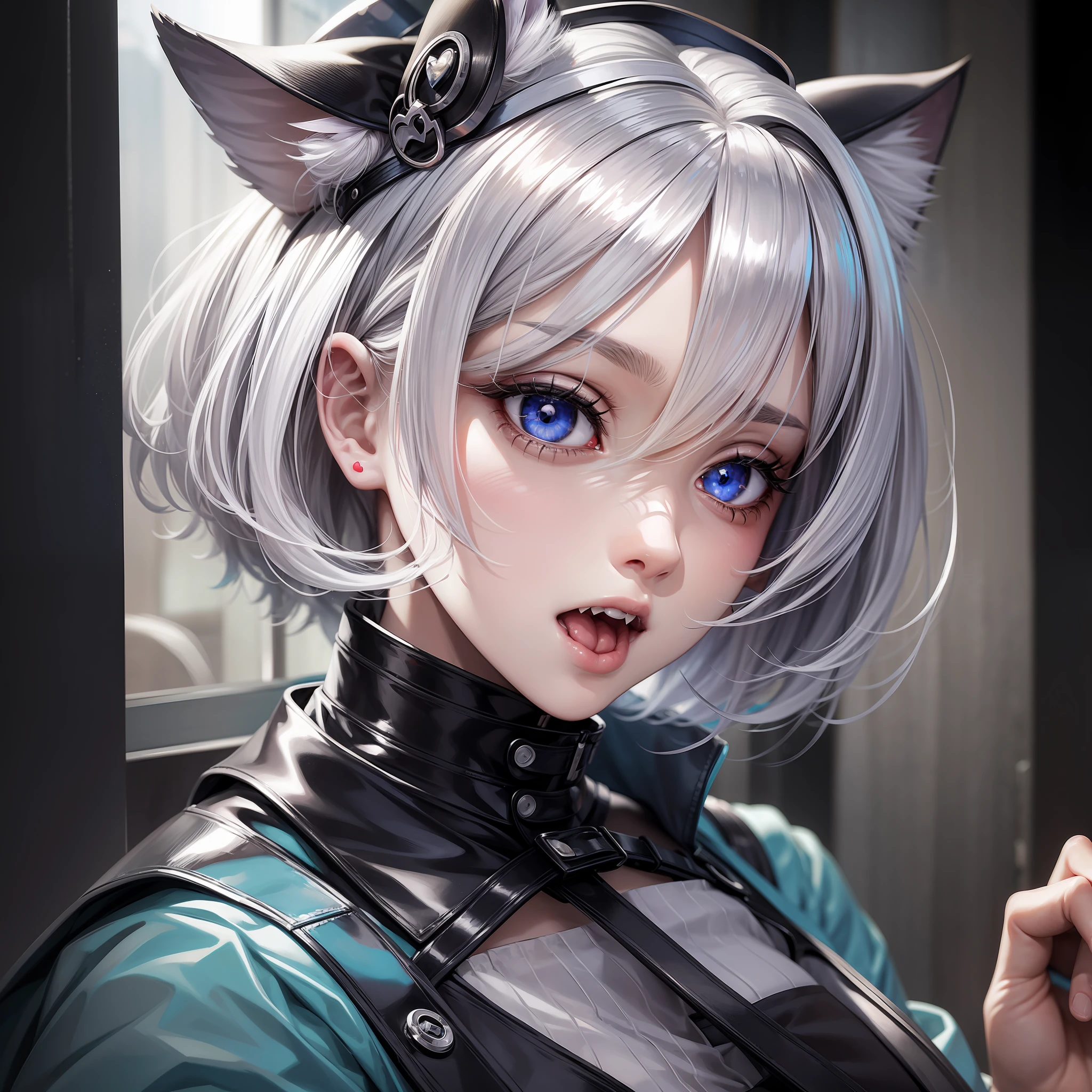 1 girl, big, nurse, white hair bob, pale skin, heart-shaped light blue eyes, fangs, cat ears, --auto --s2