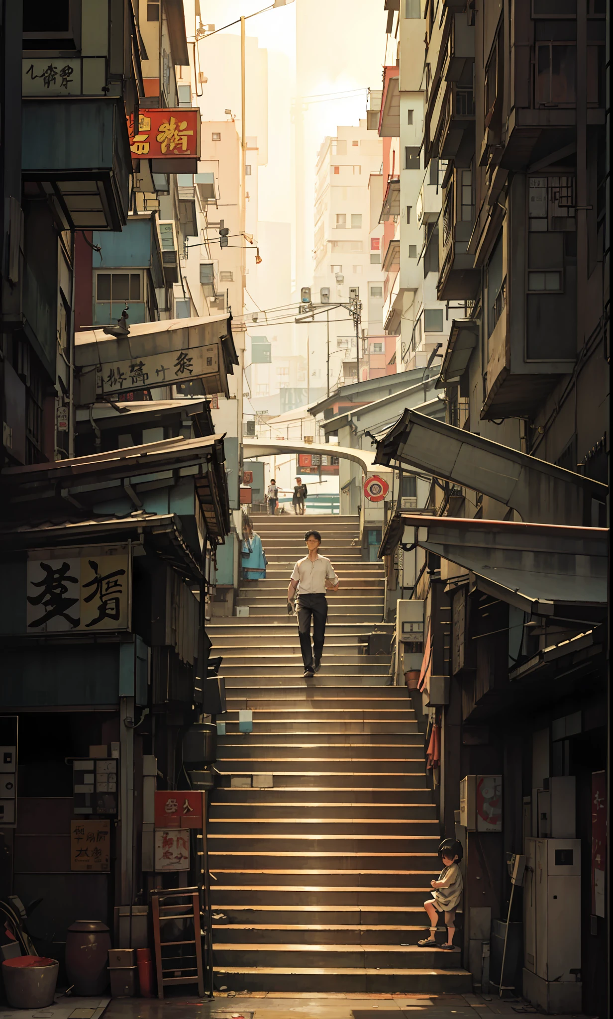 there is a person walking up a set of stairs in a city, a still of kowloon, streets of hong kong, street of hong kong, in hong kong, city like hong kong, walking over a tiny city, kowloon cyberpunk, artwork of a hong kong street, man walking through city, inspired by Carl Spitzweg, by John La Gatta