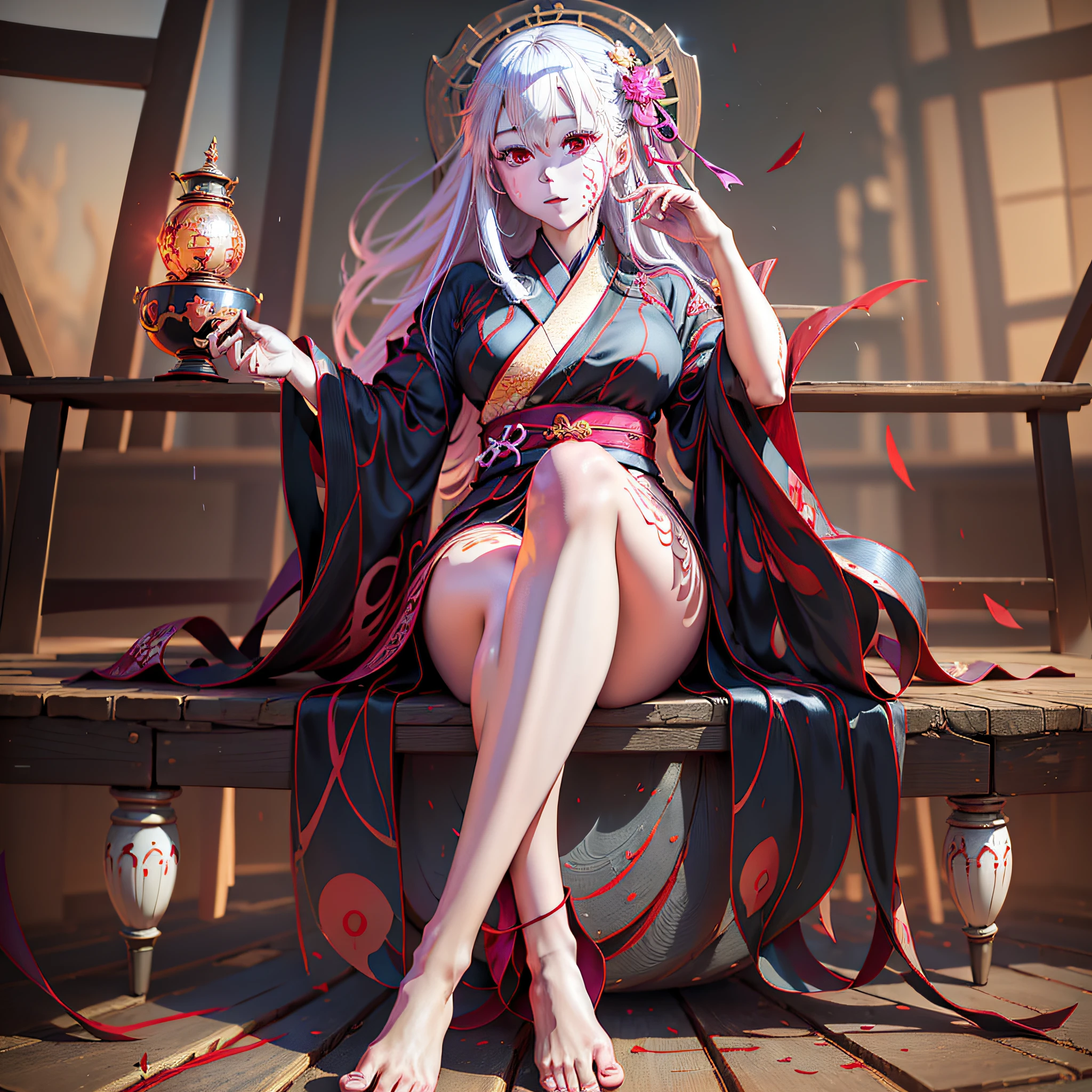 Dark_Sakura, ((masterpiece), (barefoot), best_quality, kimono, palace, white_hair, perfect_feet, perfect_face, beautiful, anime_girl, genshin_impact, top_quality, 8k,