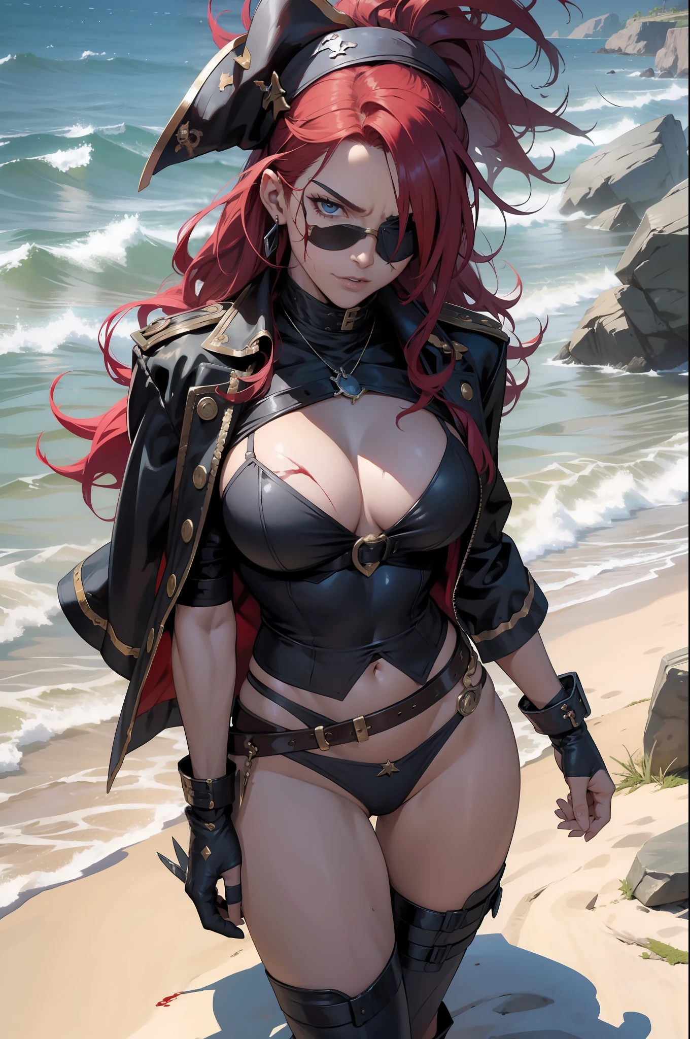 ((Simon Bisley)), Beautiful full-body woman, 30 years old, muscular and perfect body, pirate with little clothes, tiny thong, large breasts, generous neckline, an eye patch, holding a curved sword stained with blood, brave face, dark kingdom, sexy pose, walking on a pirate beach