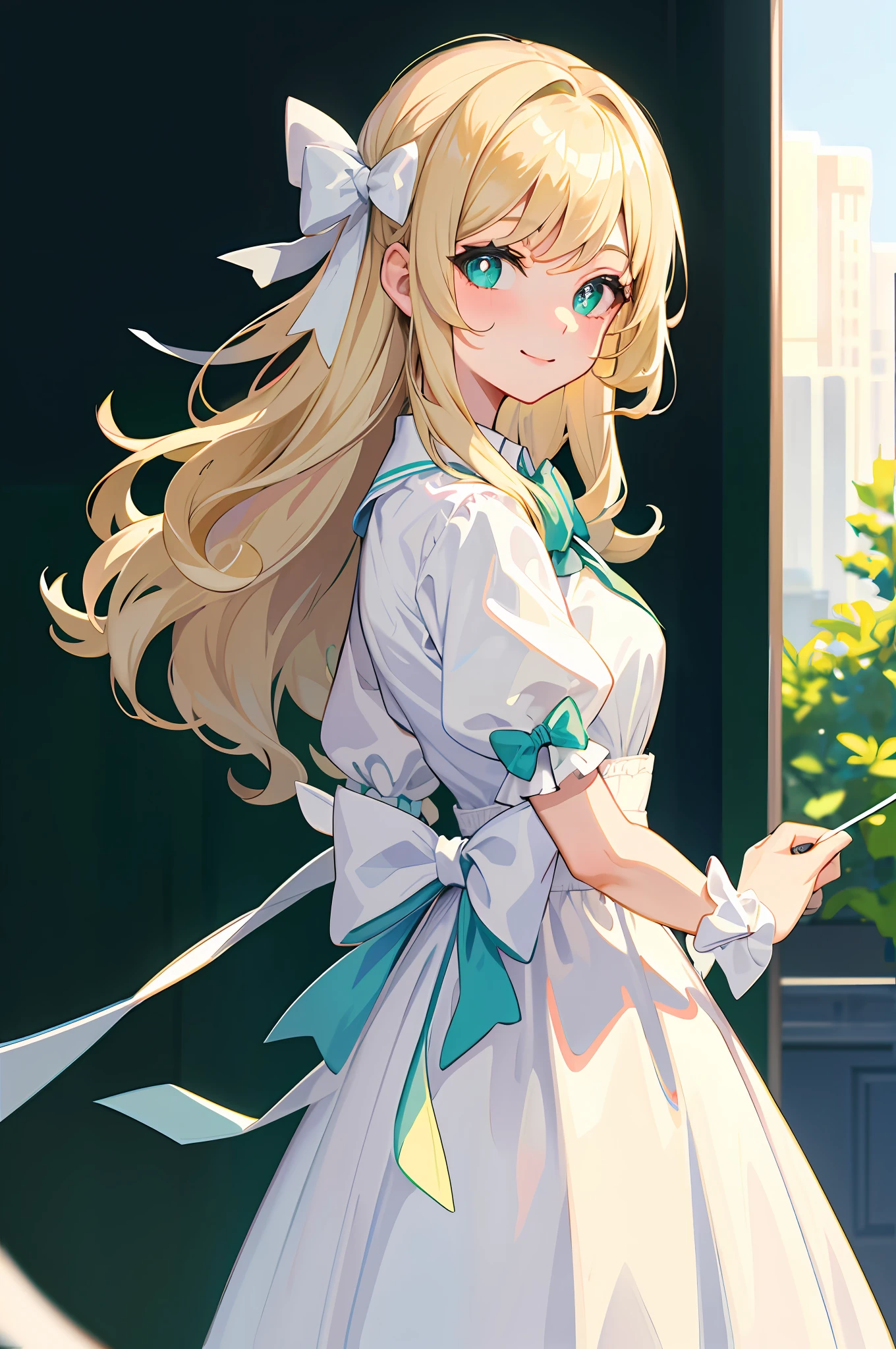 (Masterpiece, best quality), smile, light blonde hair, white bow, blue-green pupils, clear picture quality, single, slightly curly hair, girl, no knotted hair, big white bow pinned to the back of the hair