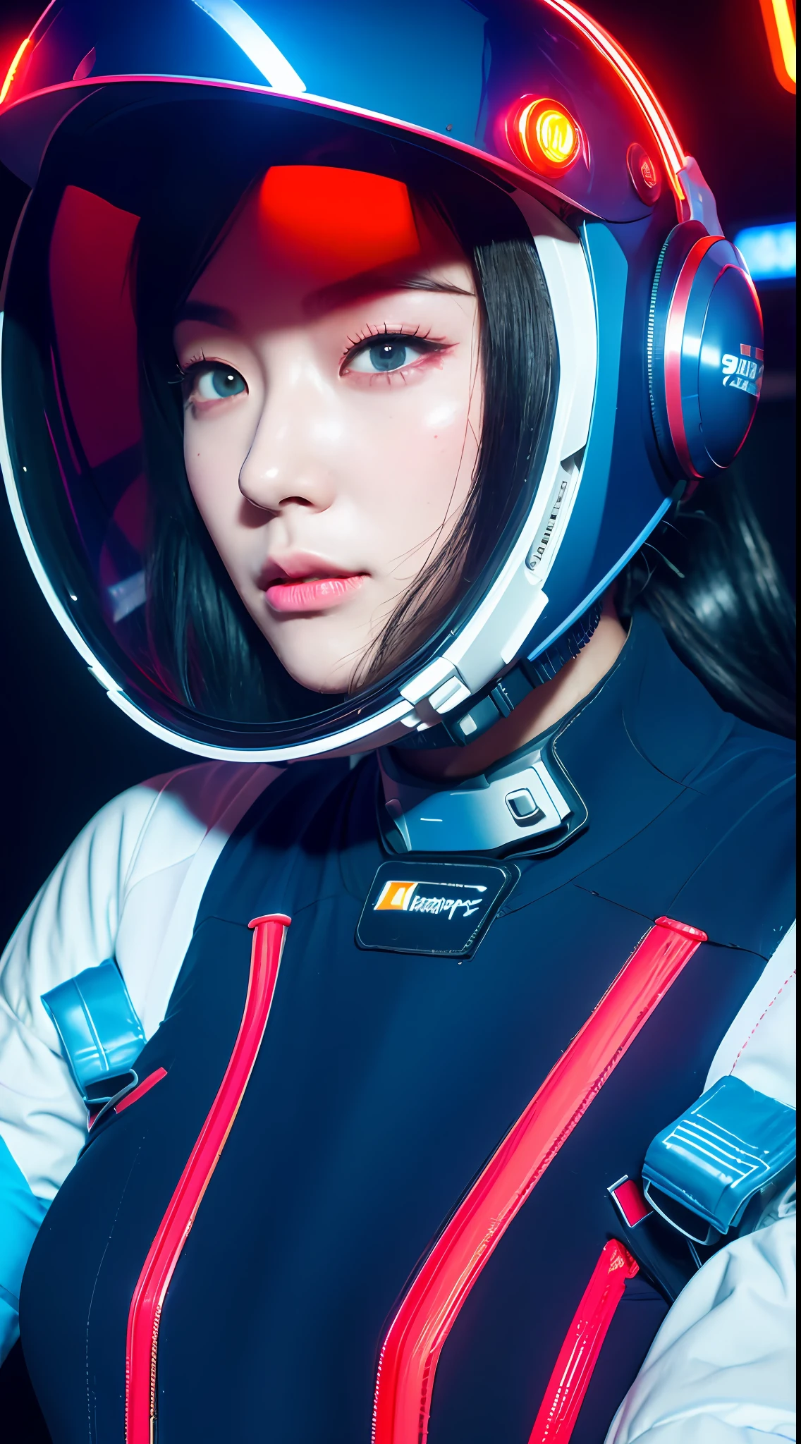 photography of a beautiful Chinese girl, 1girl,
8k, (ultra high res), ultra detailed, physically-based rendering, best quality, solo focus, looking at viewer,
(realistic, photo-realistic:1.2), (high detailed skin:1.6),(pose:1.4),
((neon cyberpunk spaceship:1.3)), red rim lighting, blue key light, (neon lights),
a close up portrait photo,
(close-up:1.4)
beautiful detailed eyes,blue hair,thigh highs, (astronaut helmet:1.2),(Lunar Extravehicular Visor Assembly:1.2), (pants:1.3), (Vaporwave:1.2),face shield,
(red space suit:1.3),(low key lighting:1.4), (ambient lighting),