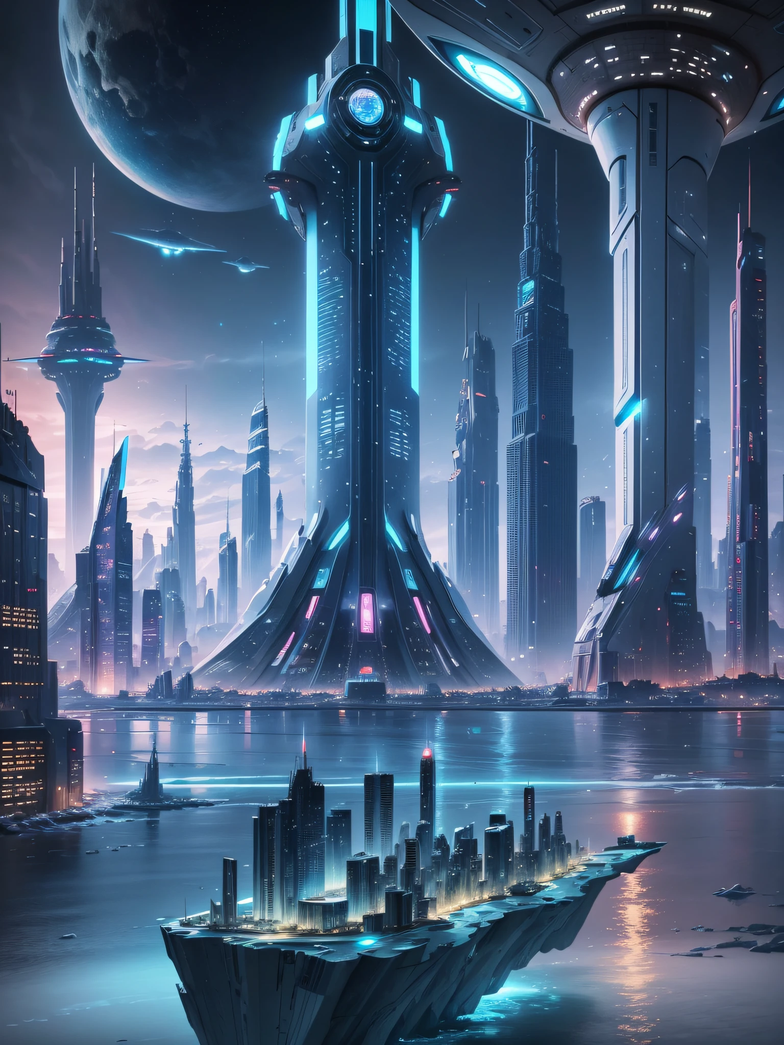 futuristic city, 24th century, arctic, sea, spaceship