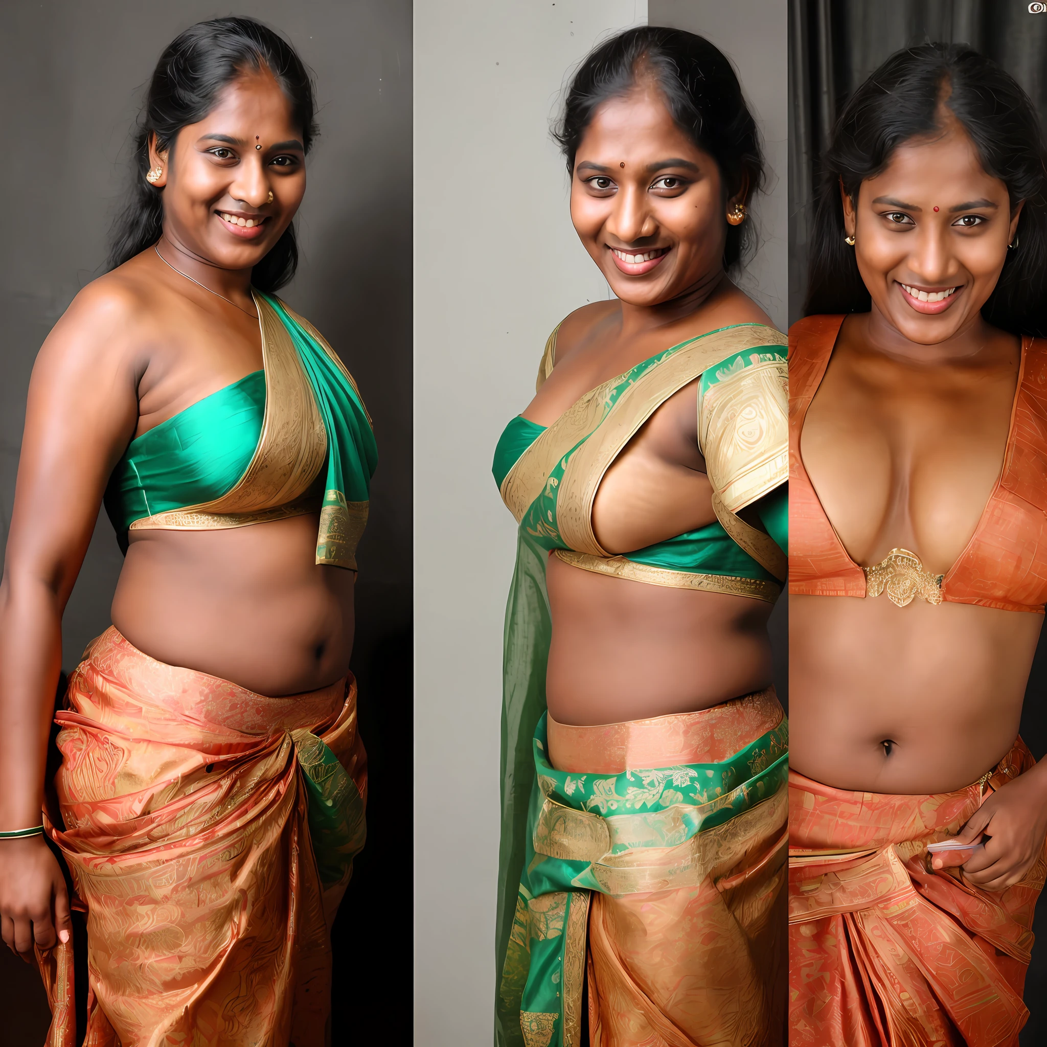 side by side photo of a mallu village woman ,(island:1.3), blouse and underskirt, fair skin,tall, big ass, seductive, detailed cute face, full lips, smiling, studio lighting, hyper realistic