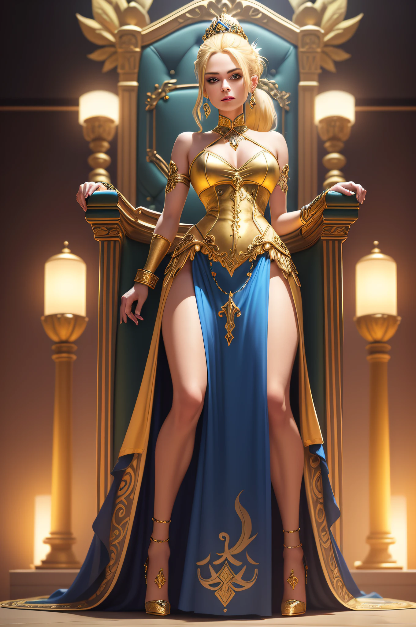 (masterpiece, best quality), beautiful princess, sultry face, 1lady, solo, elaborate skimpy yellow and blue dress, blonde hair, ponytail, sultry green eyes, elaborate throne room, gold bracelets, small breasts, narrow hips, standing, white high heels, viking