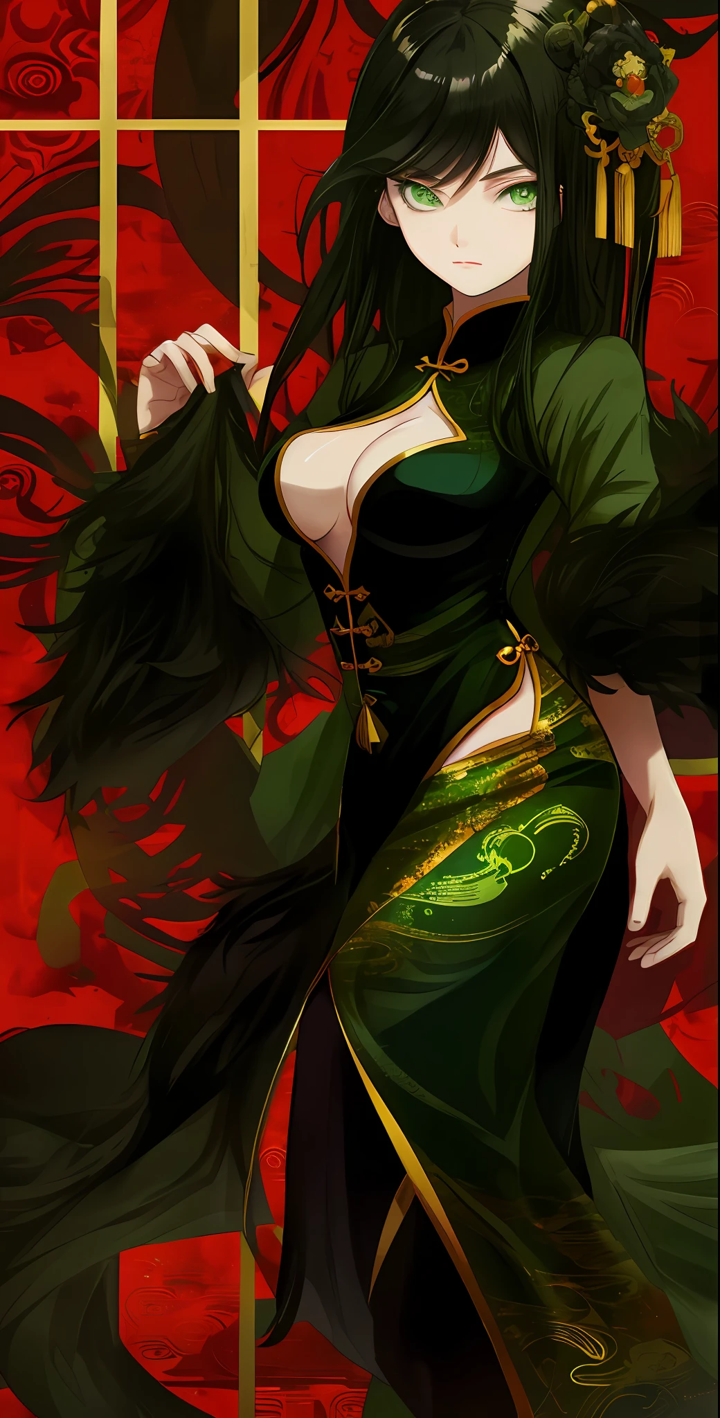 Green eyes, black hair, medium breasts, full body, Chinese dress, covering breasts
