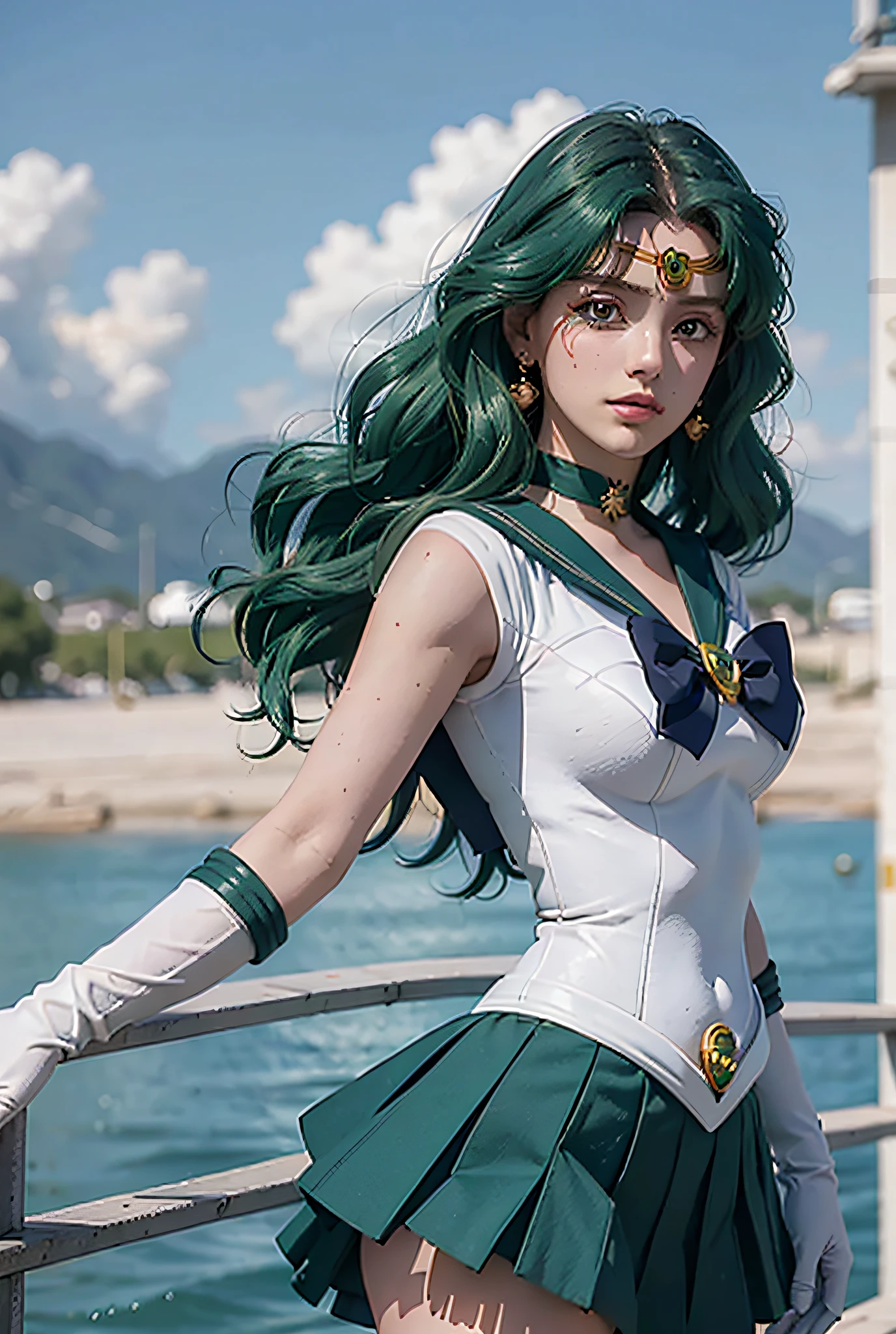 close-up, 1girl, sailor neptune, (sailor senshi uniform:1.2), (aqua eyes:0.9), dark green hair, medium hair, plead skirt, best quality, earrings, masterpiece, high resolution, intricate details, (( realistic )), photographic, (white elbow gloves:1.1), jewelry, Medium breast, full body, Dynamic background, dynamic posture, high heels,