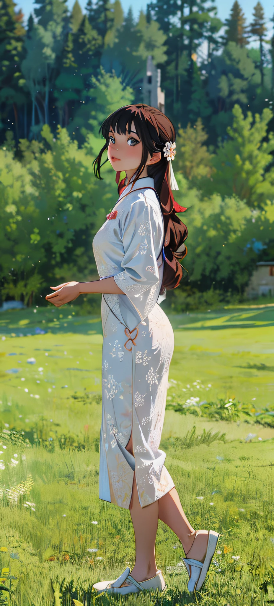 Alafi woman in white dress walks through the field, A Chinese dress inspired by Dai Xi, Tumblr, arabesque, Ao Dai, cheongsam, from the side, Full, soft silk dress on the front, wearing an elegant dress, white hanfu, full pose, doing an elegant pose, 🤬 🤮 💕 🎀 picture standing in a flower field, anime, Romanticism, anime style