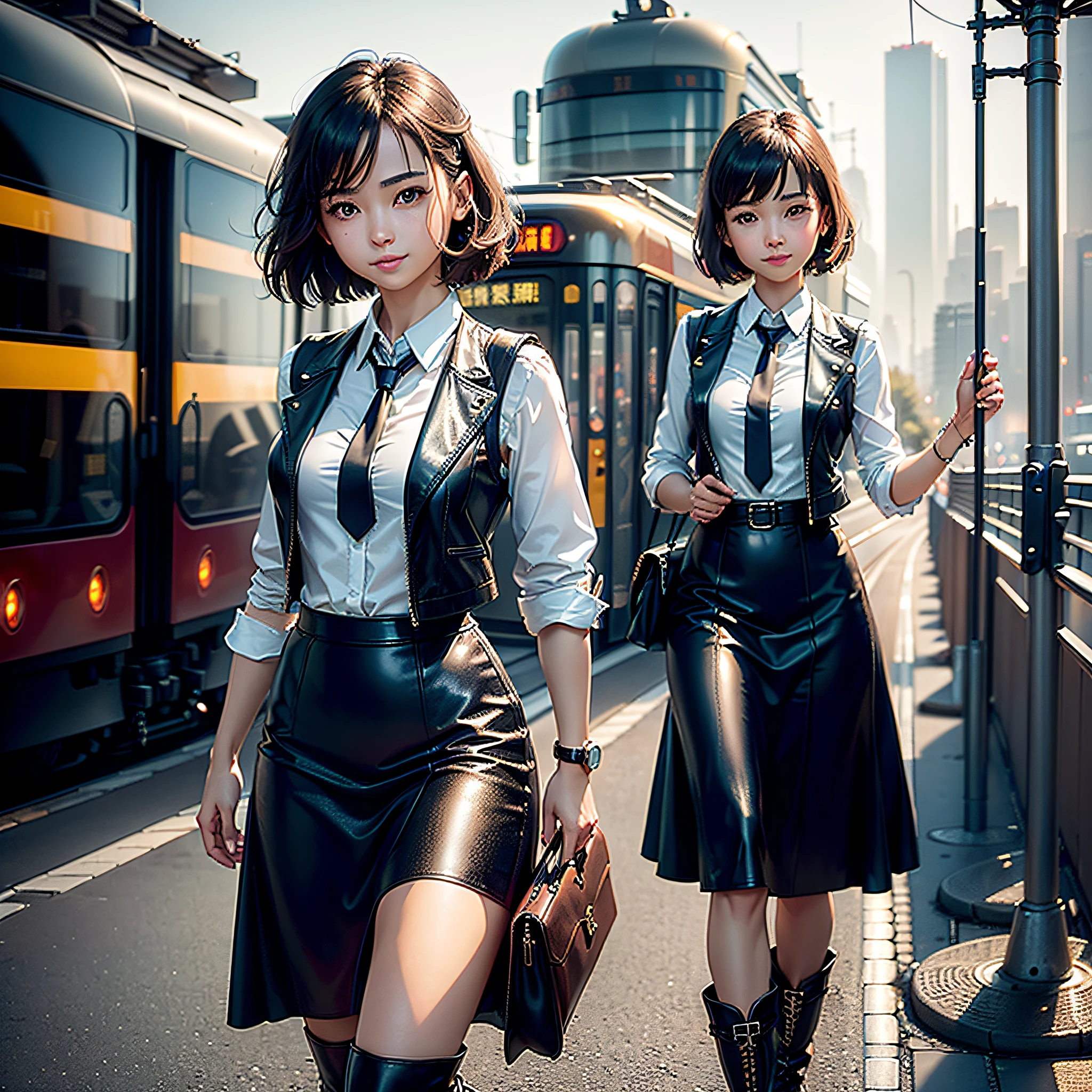 (Masterpiece, highest quality, highest resolution, distinct_image, very elaborate CG, cinematic lighting, ray tracing, drop shadows, detailed detail, (photorealistic: 1.4), high quality textures, fine-grained, realistic face expression): (Alone girl, face is Japan, short brown hair, petite, small size breasts, sparkling eyes, eye level shot, happy smile, beauty, slim body, holiday, leather long skirt, collared shirt, leather vest, carrying leather back on back, long boots, tie, station platform, tram, open retro cityscape)