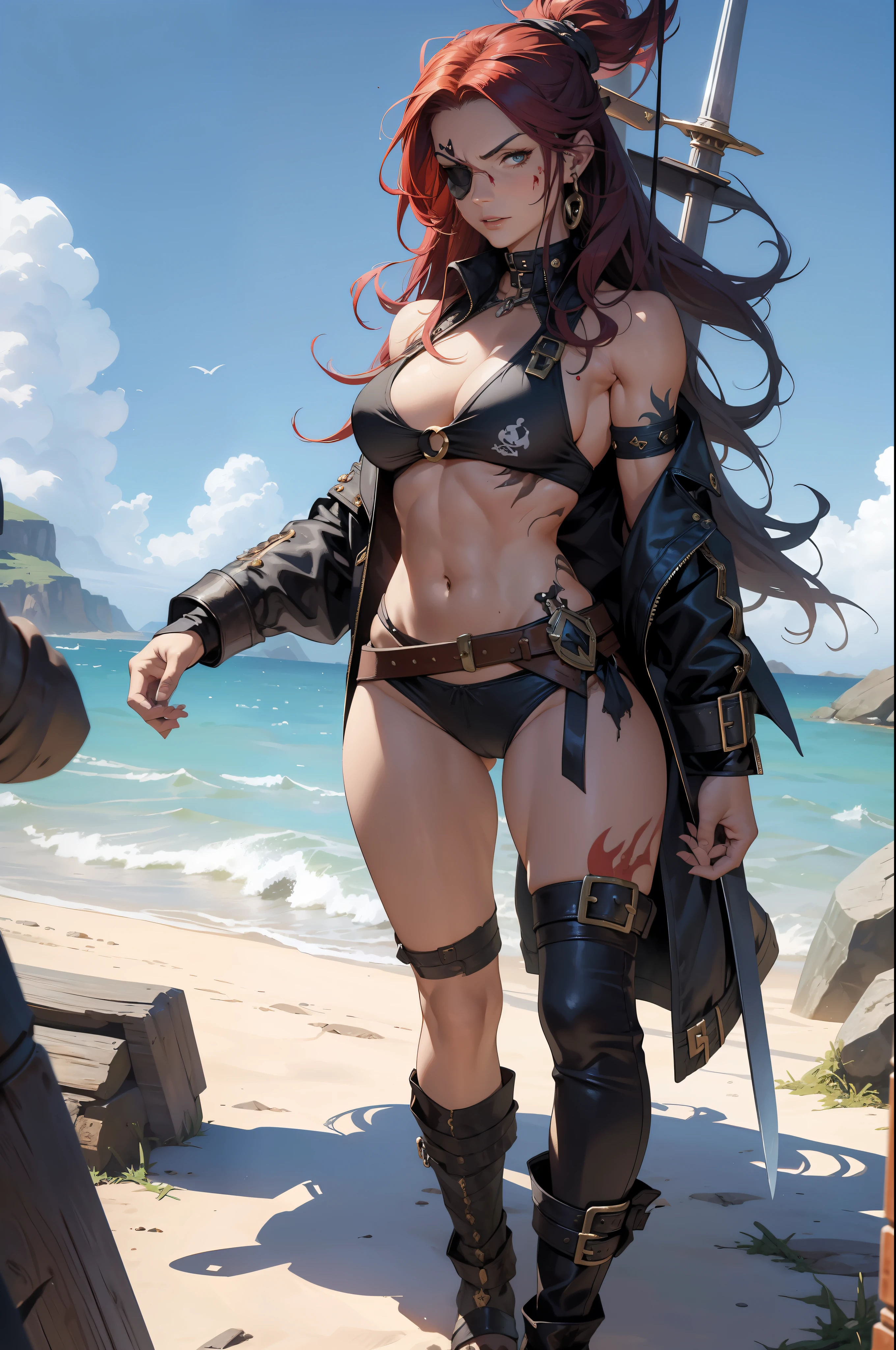 ((Simon Bisley)), Beautiful full-body woman, 30 years old, muscular and perfect body, pirate with little clothes, tiny thong, large breasts, generous neckline, an eye patch, holding a curved sword stained with , brave face, dark kingdom, sexy , walking on a pirate beach