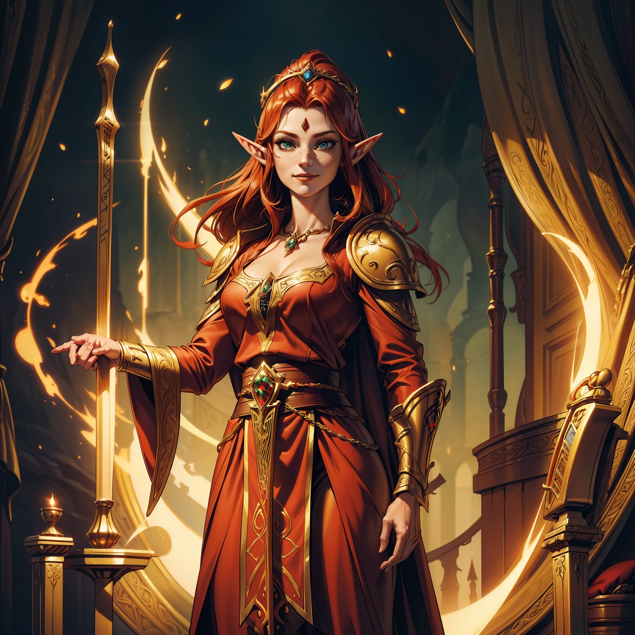 (extremely detailed 8k wallpaper:1.2), (best quality:1.2), (adventure and fantasy theme), profile (Paizo Pathfinder RPG character and Dungeons & Dragons), (((elf race woman)))), adult, extremely beautiful, sharp focus, (subsurface scattering:1.1), award-winning photography, ((Bard Class:1.3)), ((half-body shot:1.1)), centered face, extremely long red hair, freckles on the face, supernatural green eyes:1.2,  smiling, wearing red royal robe ornamented with jewels, (standing before a golden throne:1.3), (very detailed background:1.2),dramatic lighting, SFW