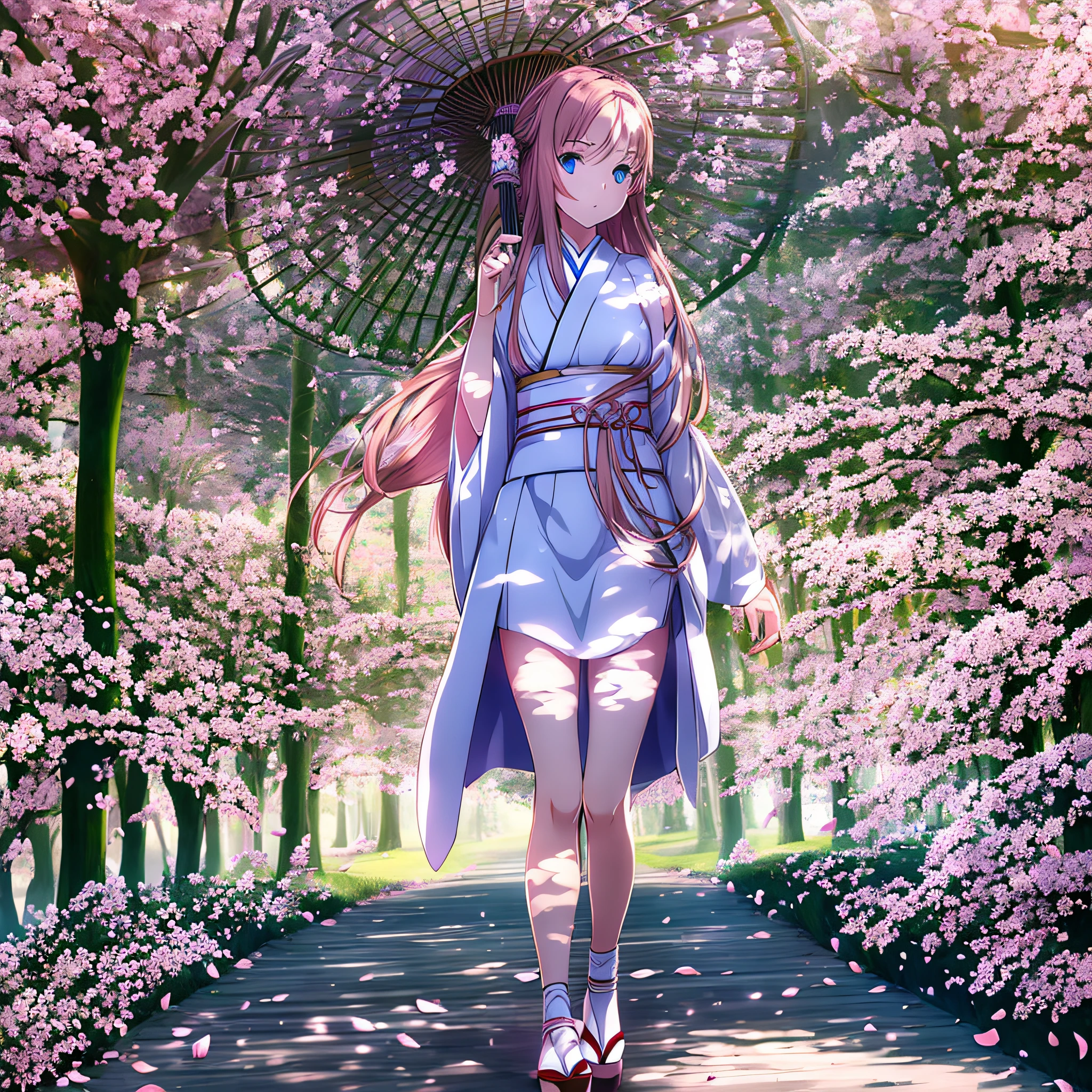 full body,full shot,sfw,beautiful russian girl in the image of a geisha with big bright blue eyes and long fluffy eyelashes Nordic type with a perfect graceful figure and very long and fluffy wavy hair of wheat colour stands in full growth on the avenue on the background of flowering Japanese pink sakura in Japanese kimono and Japanese gete shoes, the girl kimono transparent, through it transpires small breasts with bulging, girl is holding a white sun umbrella, the ground on which the girl is standing is often strewn with sakura petals, the scene is highly artistic, high detail, clear focus, Migjorni V5 style, hyperphotorealism, perfect proportions, golden ratio, Leonardo Davinci style, Jerry Gionis style, backlight, outline, sunlight, soft foreglow, soft focus, Photo Monocle style. - --auto --s2