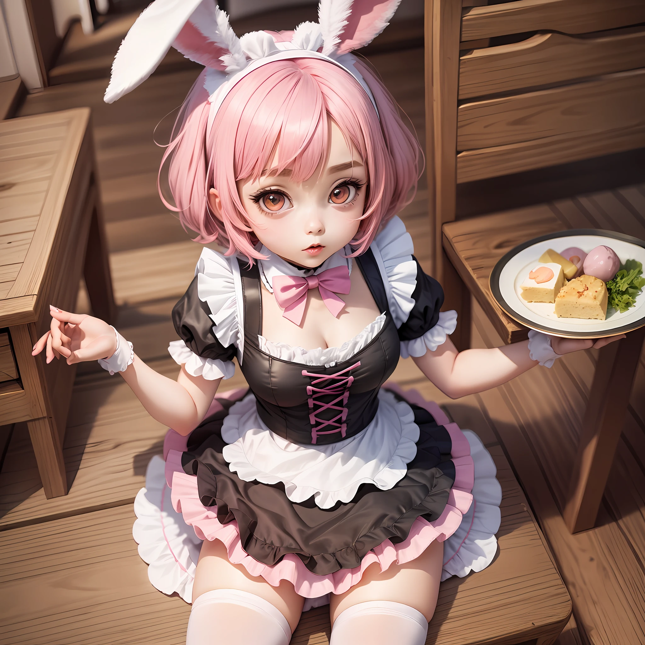 Maid, rabbit ears, maid outfit, skirt, pink hair, short hair, cute, big eyes, plate, bird sitting