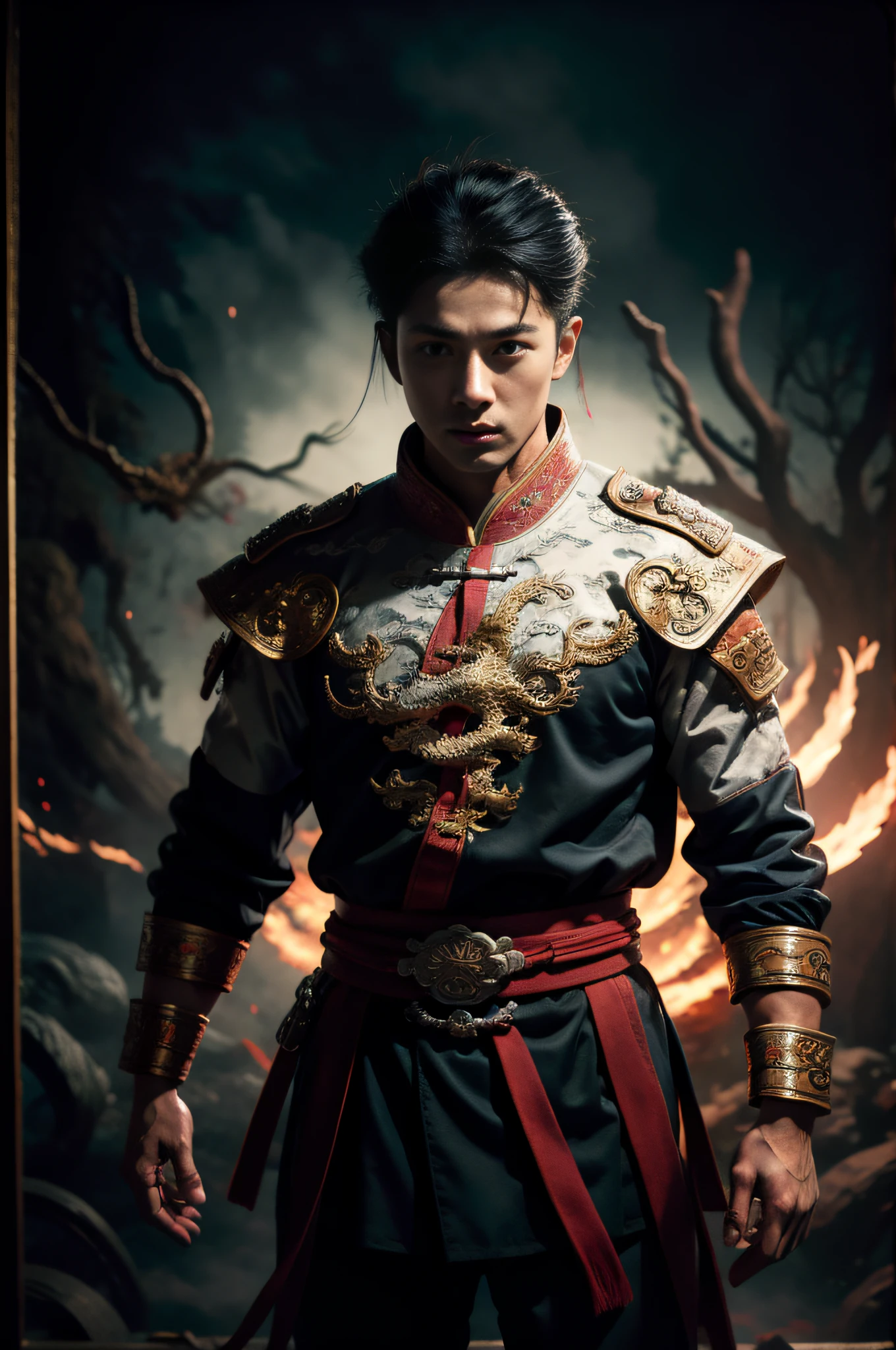 Handsome guy, 25 years old, Asian, master work, best picture quality, higher quality, high detail, super high resolution, (realistic: 1.4) 8k resolution, delicate facial features, boys, big muscles, tattoos, glowing eyes, short hair, white black hair, hair details, , detailed background , [[Look away, look to the side, emphasize homosexuality and pay attention to every detail , open Hanfu transparent tulle jacket, white rubber pants, (crotch bulge), , Fa gong, Chinese kung fu, fingerless gloves, wristbands, dragon themed clothing, monk's robes, dynamic composition,,, wood, wood background, very much wood, wood around the body, dead wood, a lot of branches