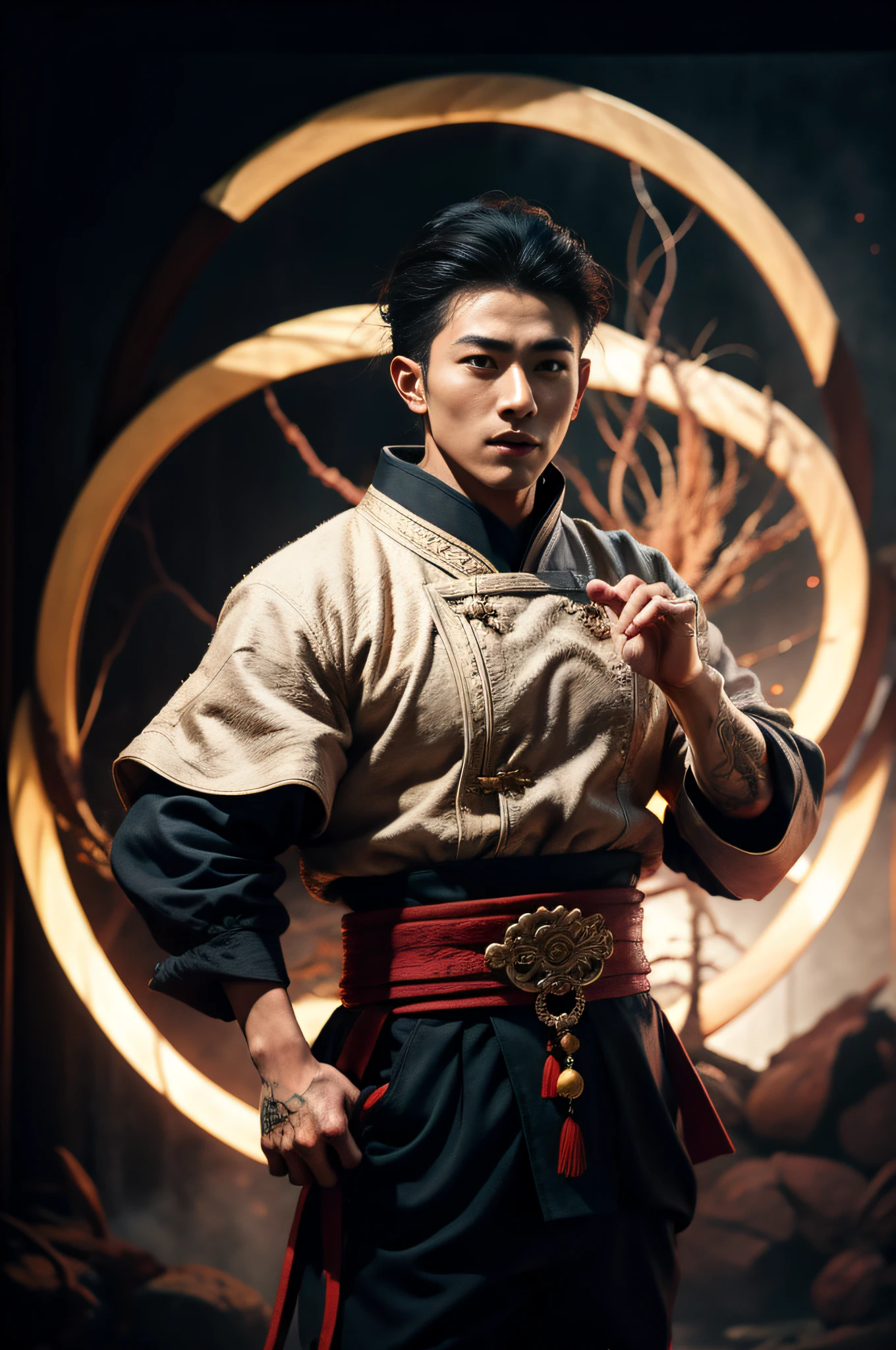Handsome guy, 25 years old, Asian, master work, best picture quality, higher quality, high detail, super high resolution, (realistic: 1.4) 8k resolution, delicate facial features, boys, big muscles, tattoos, glowing eyes, short hair, gray hair, hair details, (full body: 0.8), detailed background , [[Look away, look to the side, emphasize homosexuality and pay attention to every detail , open Hanfu transparent tulle jacket, white rubber pants, (crotch bulge), , Fa gong, Chinese kung fu, fingerless gloves, Wristbands, dragon themed costumes, monk robes, dynamic composition,,, wood, wood background, very much wood, wood around the body, dead wood, lots of branches background, Chinese wood carving, wood carving modeling crafts, holding wood carving magic vessels, night