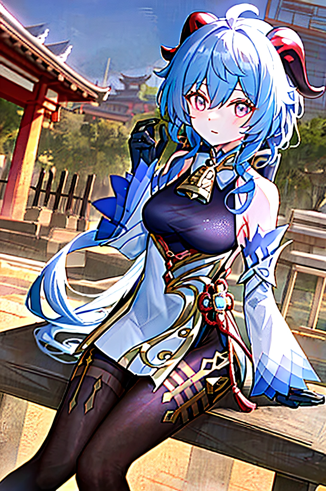 ganyu\(genshin impact\), 1girl, ahoge, architecture, bangs, bare shoulders, bell, black gloves, black tights, ((blue hair), blush, breasts, chinese knot, sleeve, East Asian architecture, flower knot, glove, horn, long hair, looking at the audience, medium chest, neckbell, night, outdoor, pantyhose, purple eyes, sideburns, solo, tassels, white sleeves, ((masterpiece))