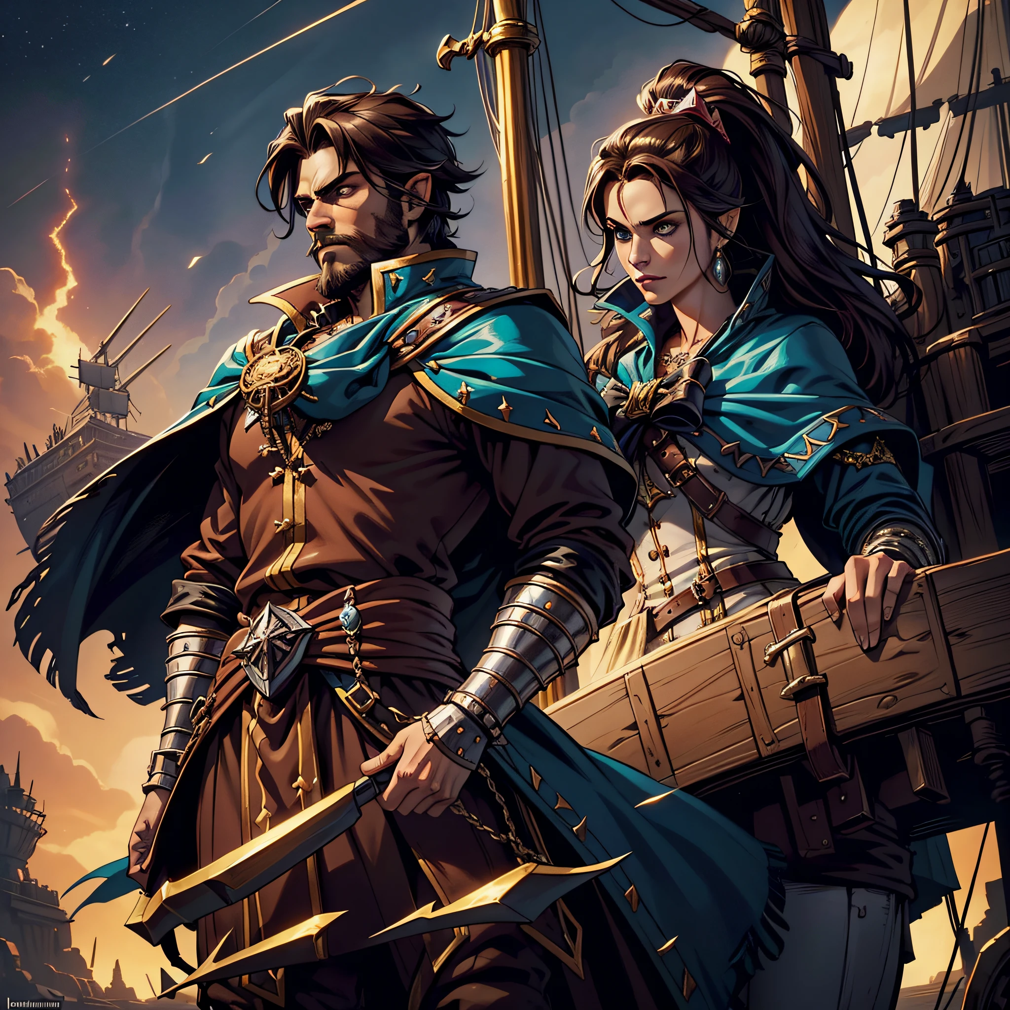 (extremely detailed 8k wallpaper:1.2), (best quality:1.2), (adventure and fantasy theme), profile (Paizo Pathfinder RPG character and Dungeons & Dragons), (((human race man))), adult, strong, sharp focus, (subsurface scattering:1.1), award-winning photography, ((Ladino Class:1.3)), ((half-body shot:1.1)), centered face, dark brown hair, short dark brown beard, blue eyes:1.2, pirate lord, privateer, shabby expression, dressed in noble privateer clothes with cape and jewels, duelist, (standing on the bow of a large ship:1.3), (very detailed background:1.2),dramatic lighting, sfw